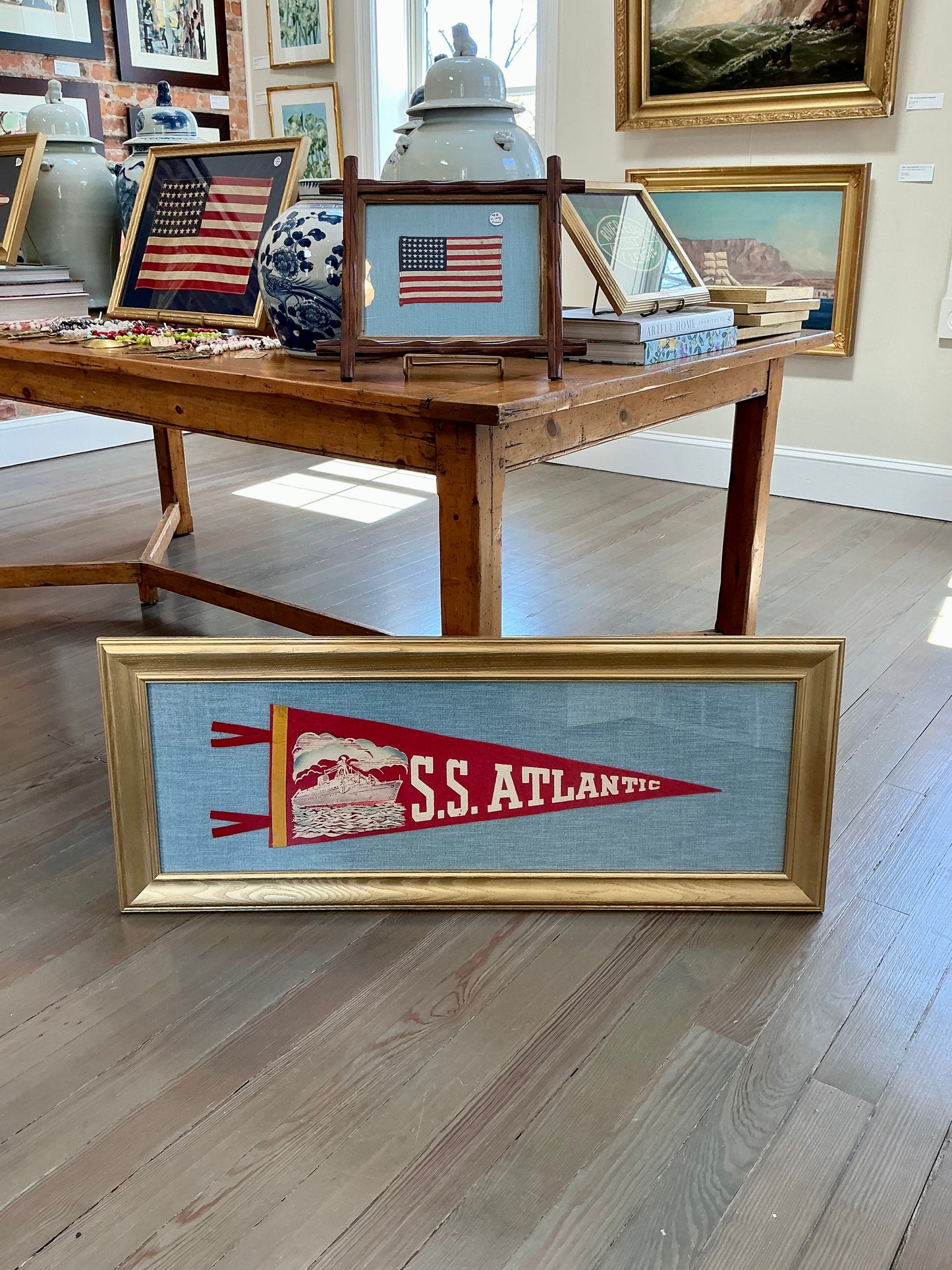 S.S. Atlantic Vintage Felt Naval Ship Pennant on Light Blue Twill in Gold Frame