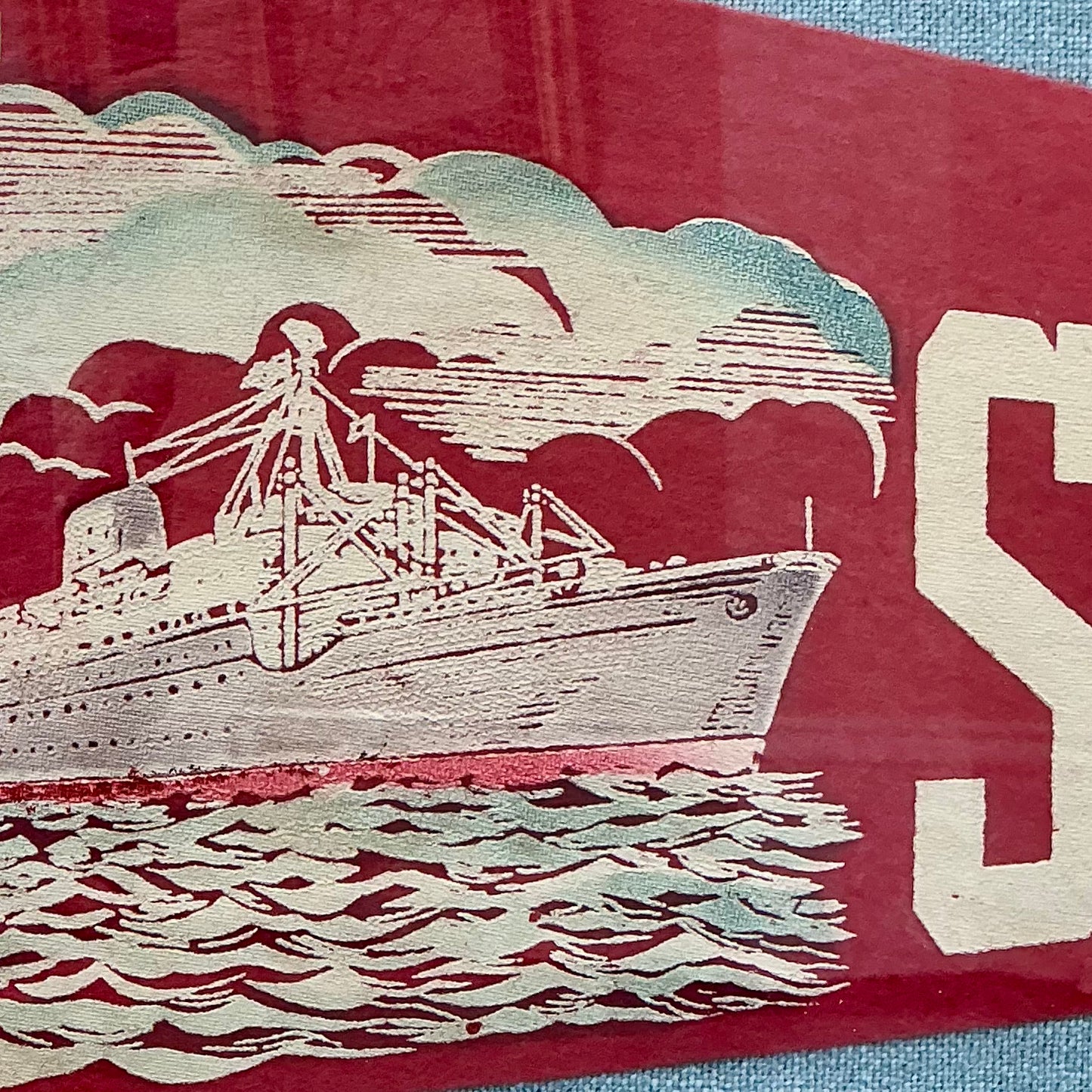 S.S. Atlantic Vintage Felt Naval Ship Pennant on Light Blue Twill in Gold Frame