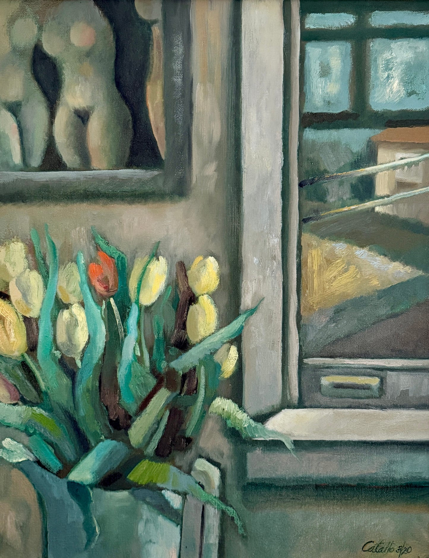 Nancy Catallo Open Window with Tulips Still Life Oil Painting in Gold Frame