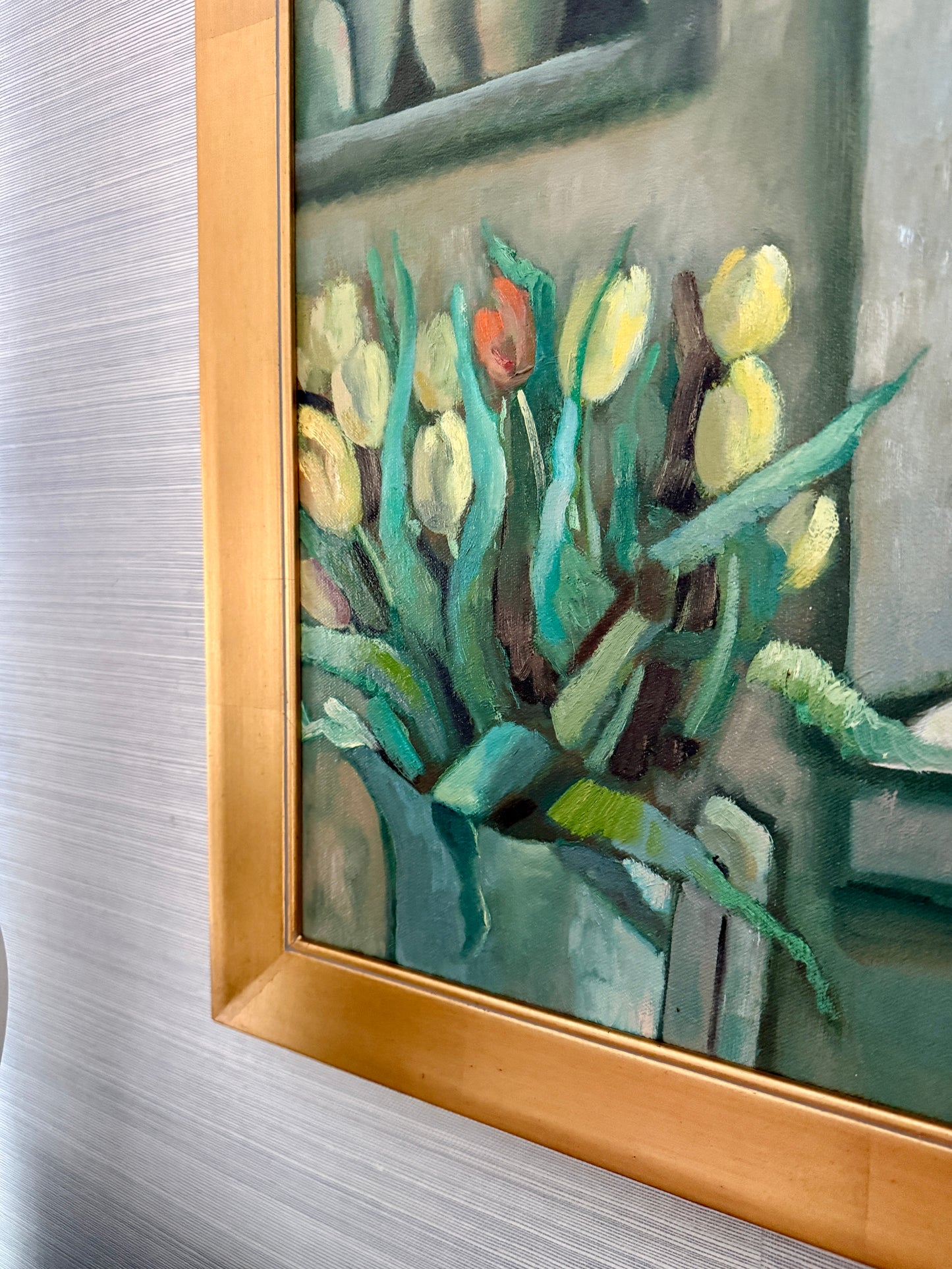Nancy Catallo Open Window with Tulips Still Life Oil Painting in Gold Frame