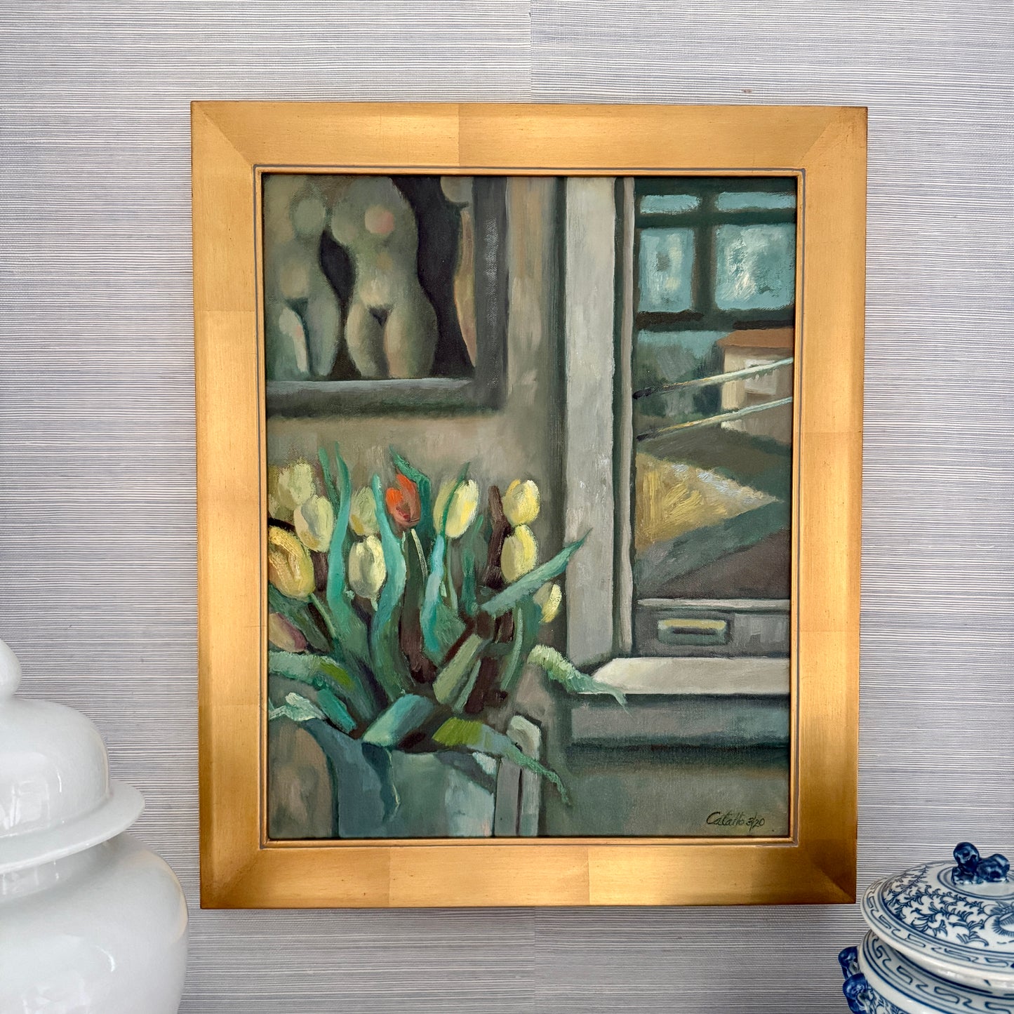 Nancy Catallo Open Window with Tulips Still Life Oil Painting in Gold Frame