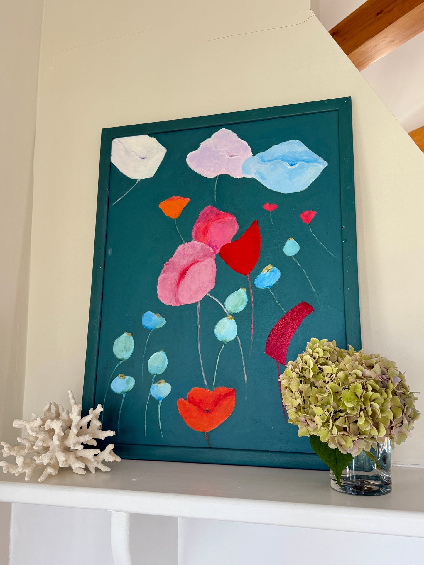 Contemporary Poppies Modernist Still Life Oil Painting in Painted Frame