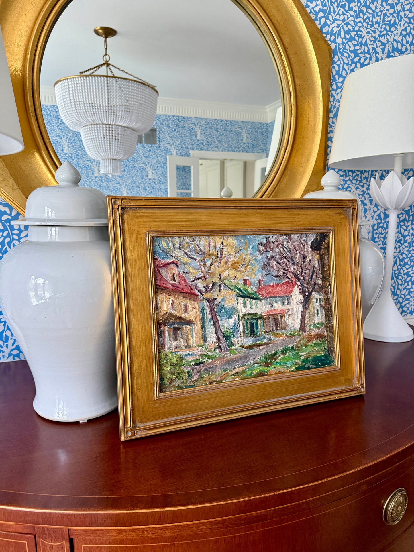 Early 20th Century Colorful Houses in Spring Townscape Oil Painting in Gold Frame