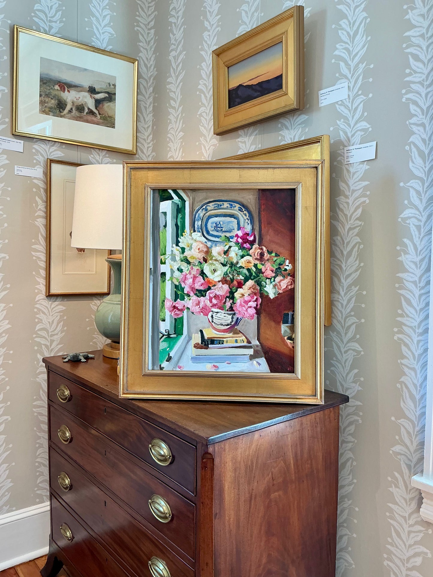 Stephanie Doucet Atmosfloric Window Still Bouquet Still Life Oil Painting in Gold Frame