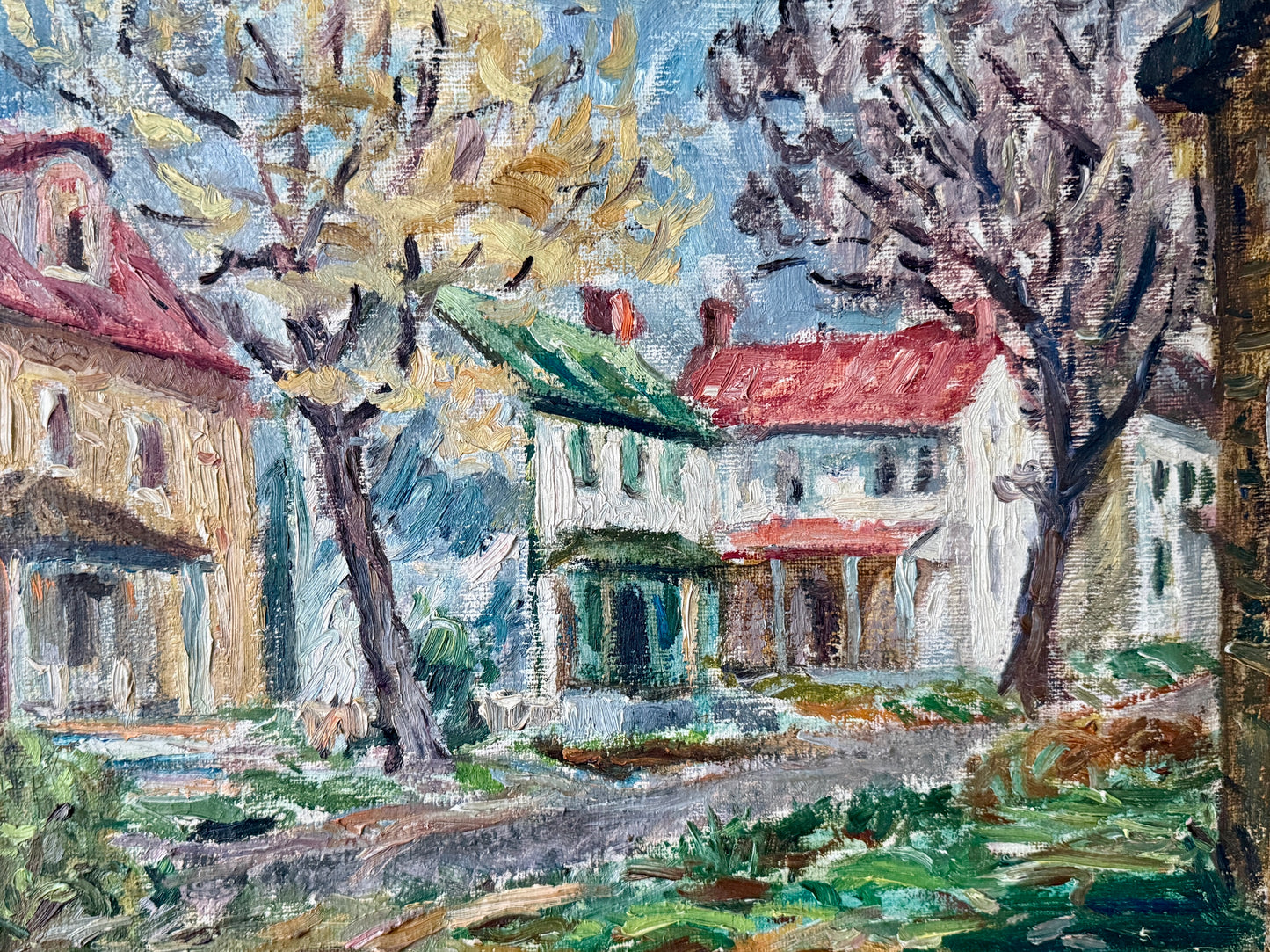 Early 20th Century Colorful Houses in Spring Townscape Oil Painting in Gold Frame