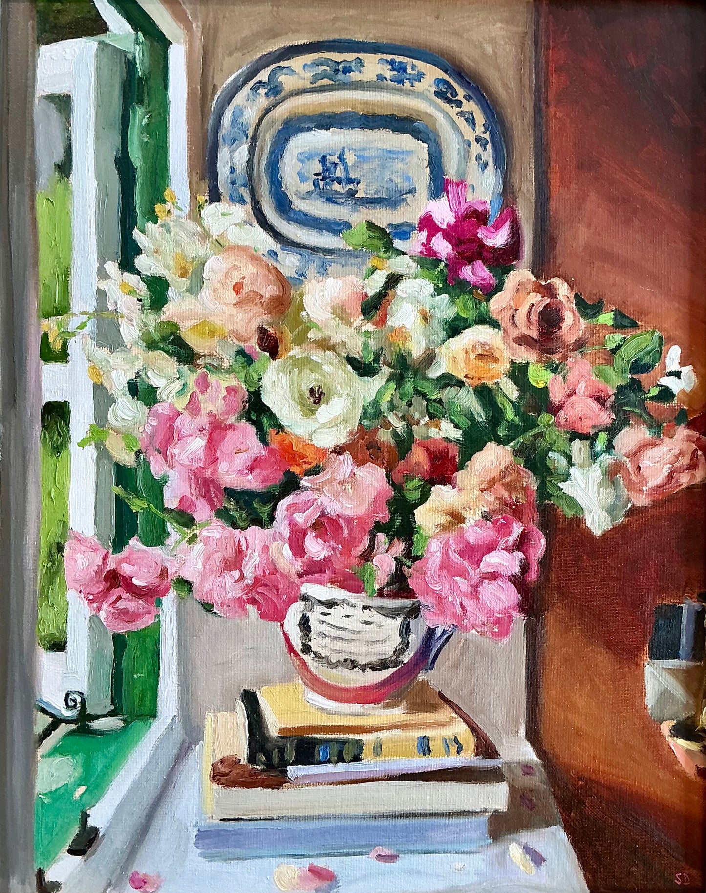 Stephanie Doucet Atmosfloric Window Still Bouquet Still Life Oil Painting in Gold Frame