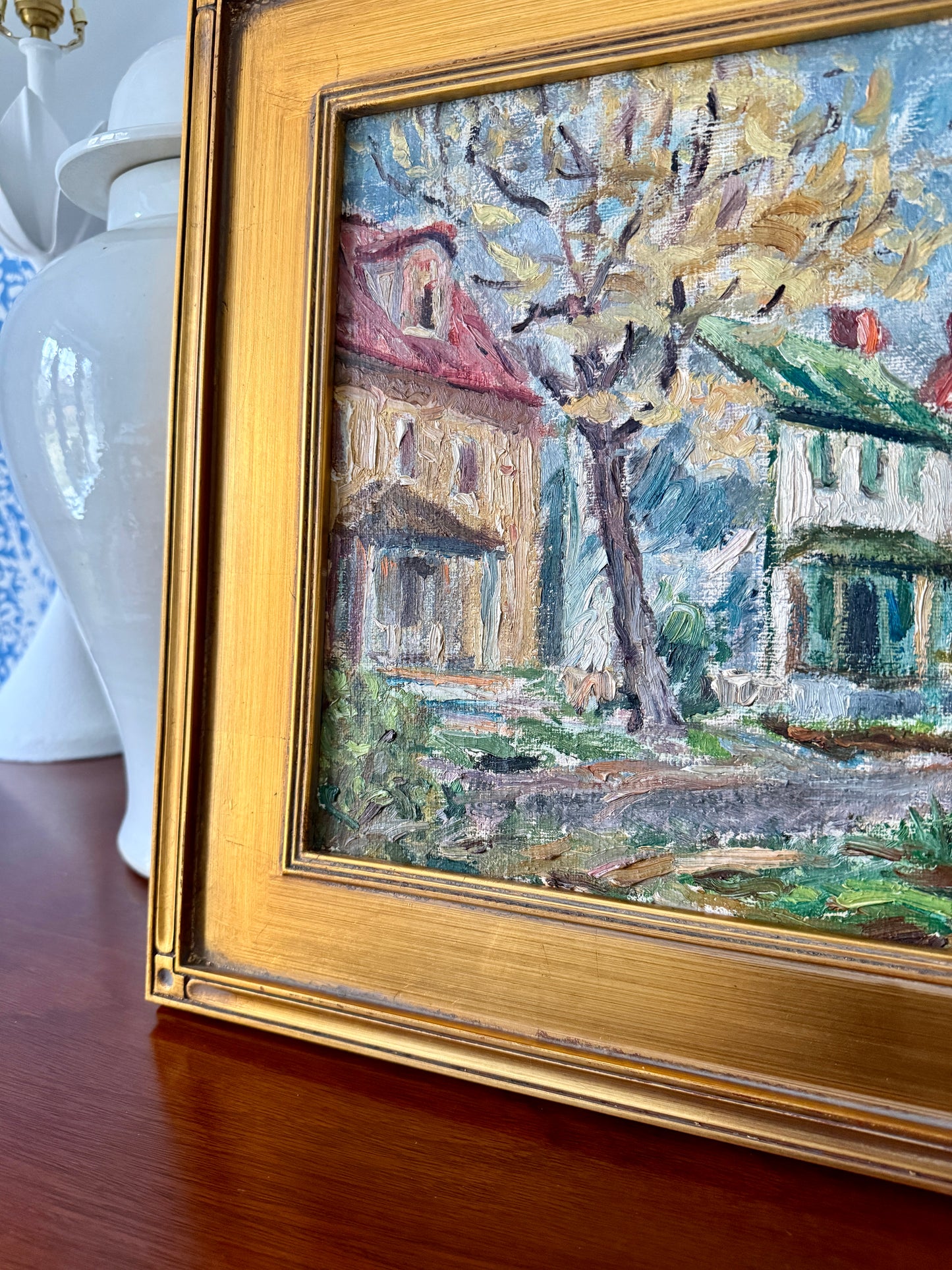 Early 20th Century Colorful Houses in Spring Townscape Oil Painting in Gold Frame