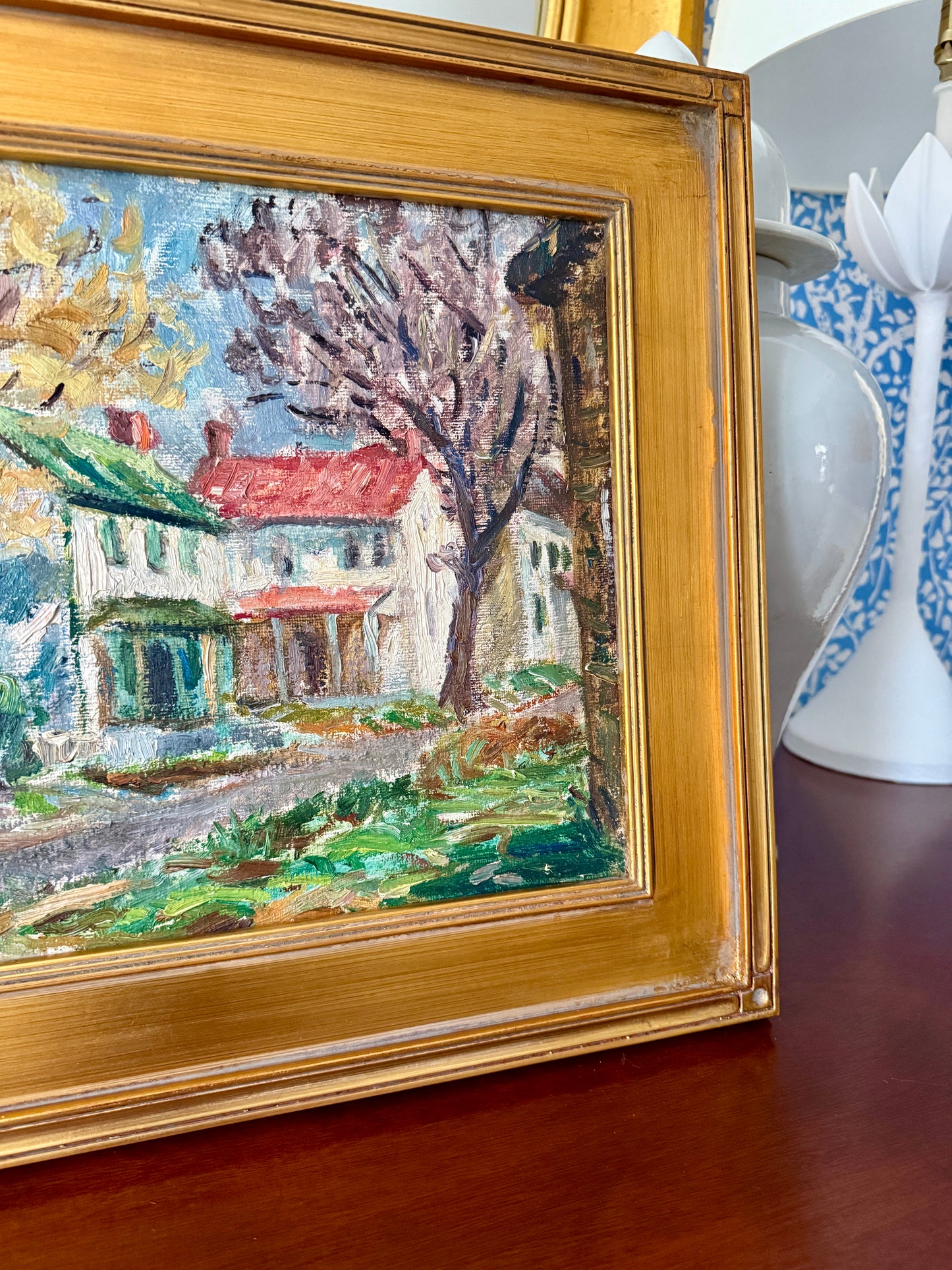Early 20th Century Colorful Houses in Spring Townscape Oil Painting in Gold Frame