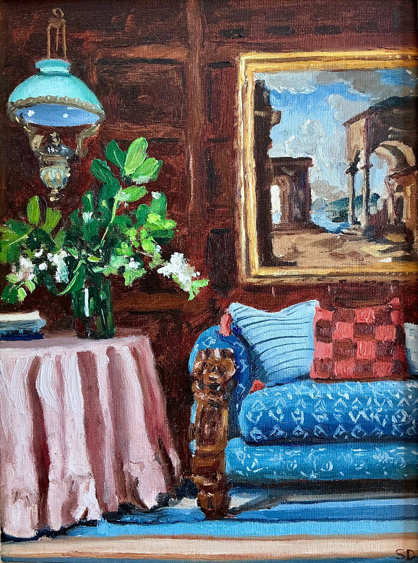 Stephanie Doucet Jacobean Manor House Oil Painting Interior in Gold Frame