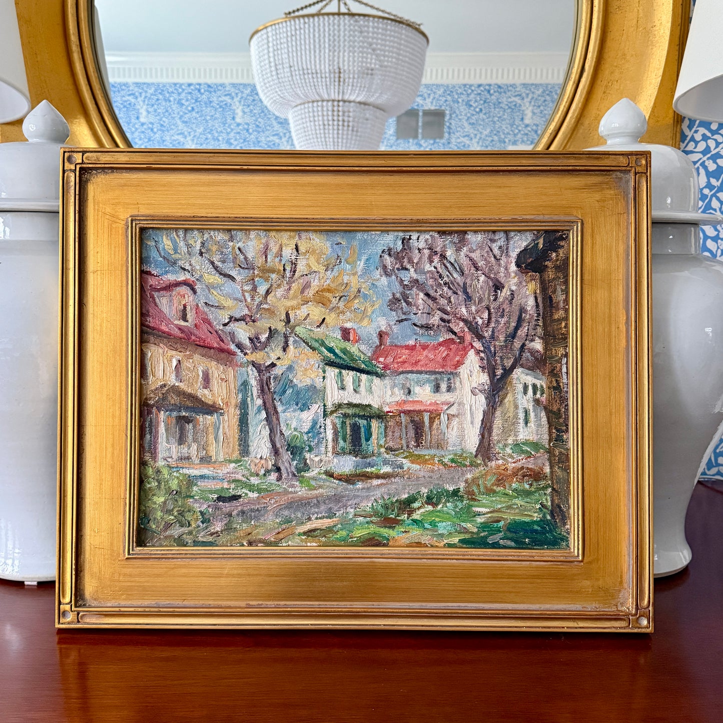 Early 20th Century Colorful Houses in Spring Townscape Oil Painting in Gold Frame