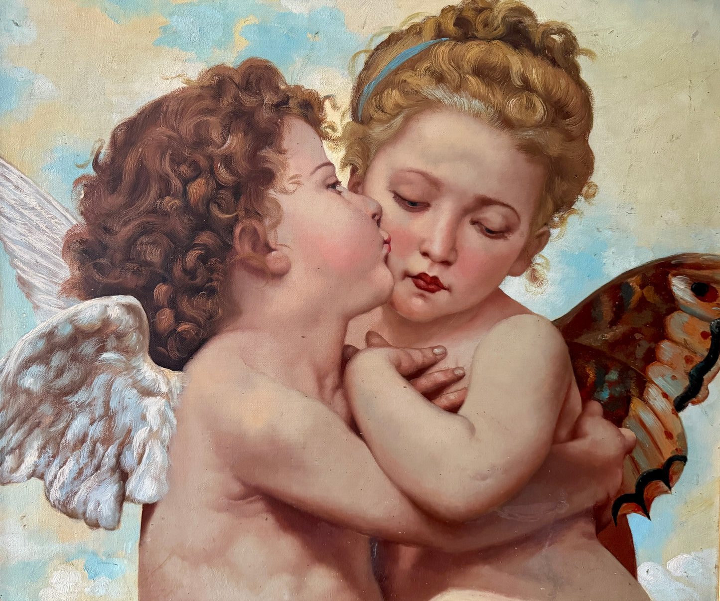 After William-Adolphe Bouguereau L'Amour et Psyche, Enfants Oil Painting in Antique Gold Frame