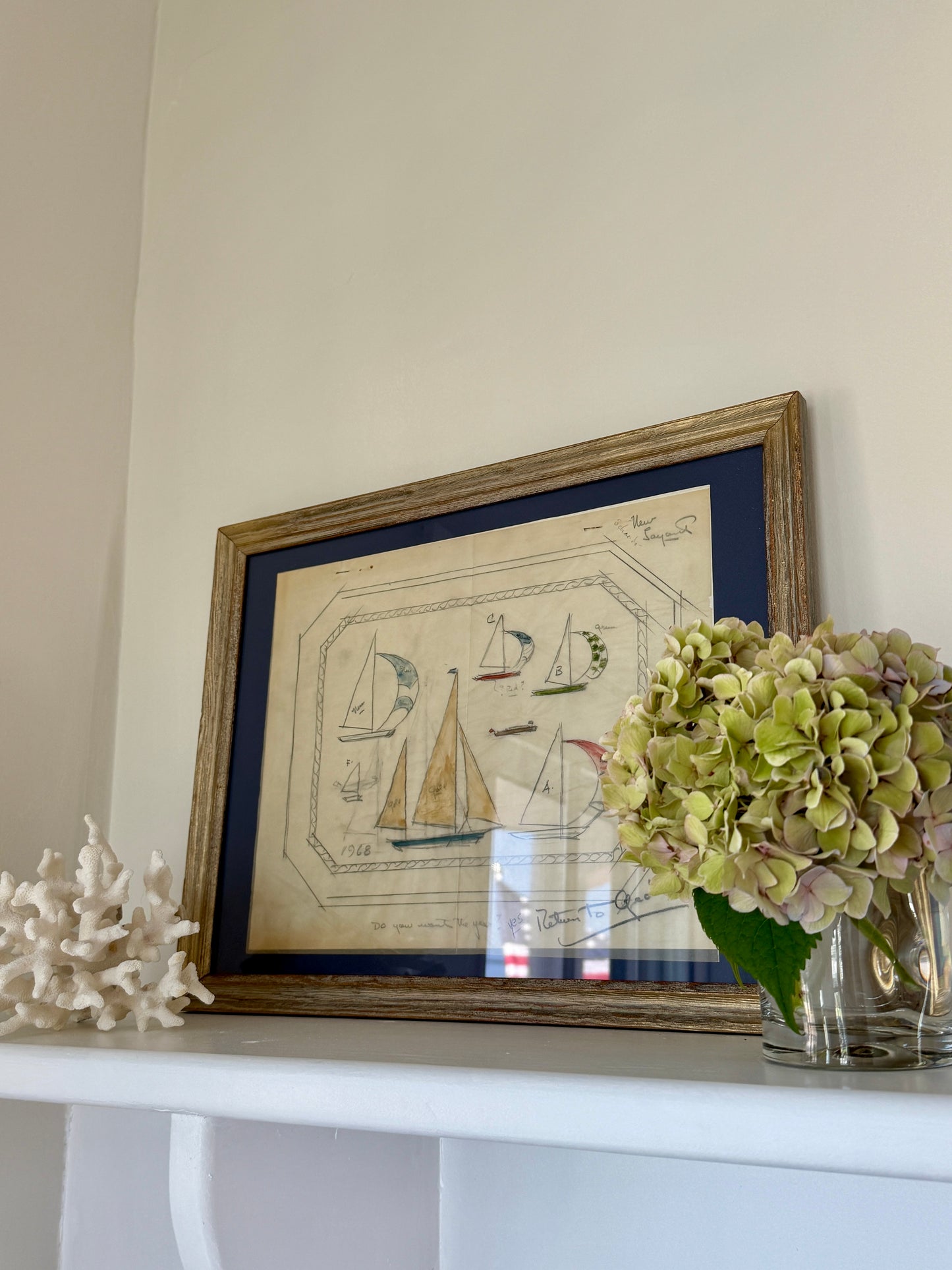 George Wells 1968 Nautical Sailboat Rug Design Sketch in Gilded Wood Frame
