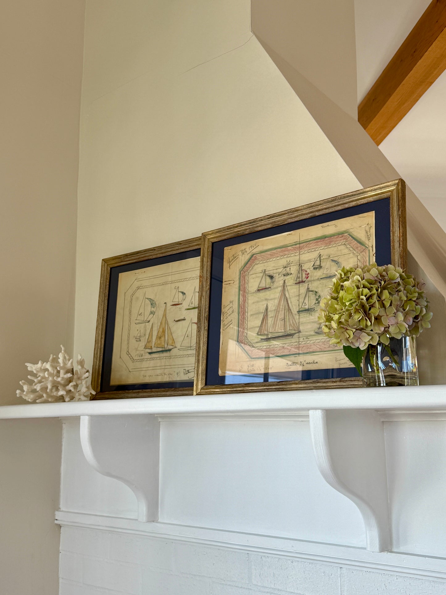 George Wells 1964 Nautical Sailboat Rug Design Sketch in Gilded Wood Frame