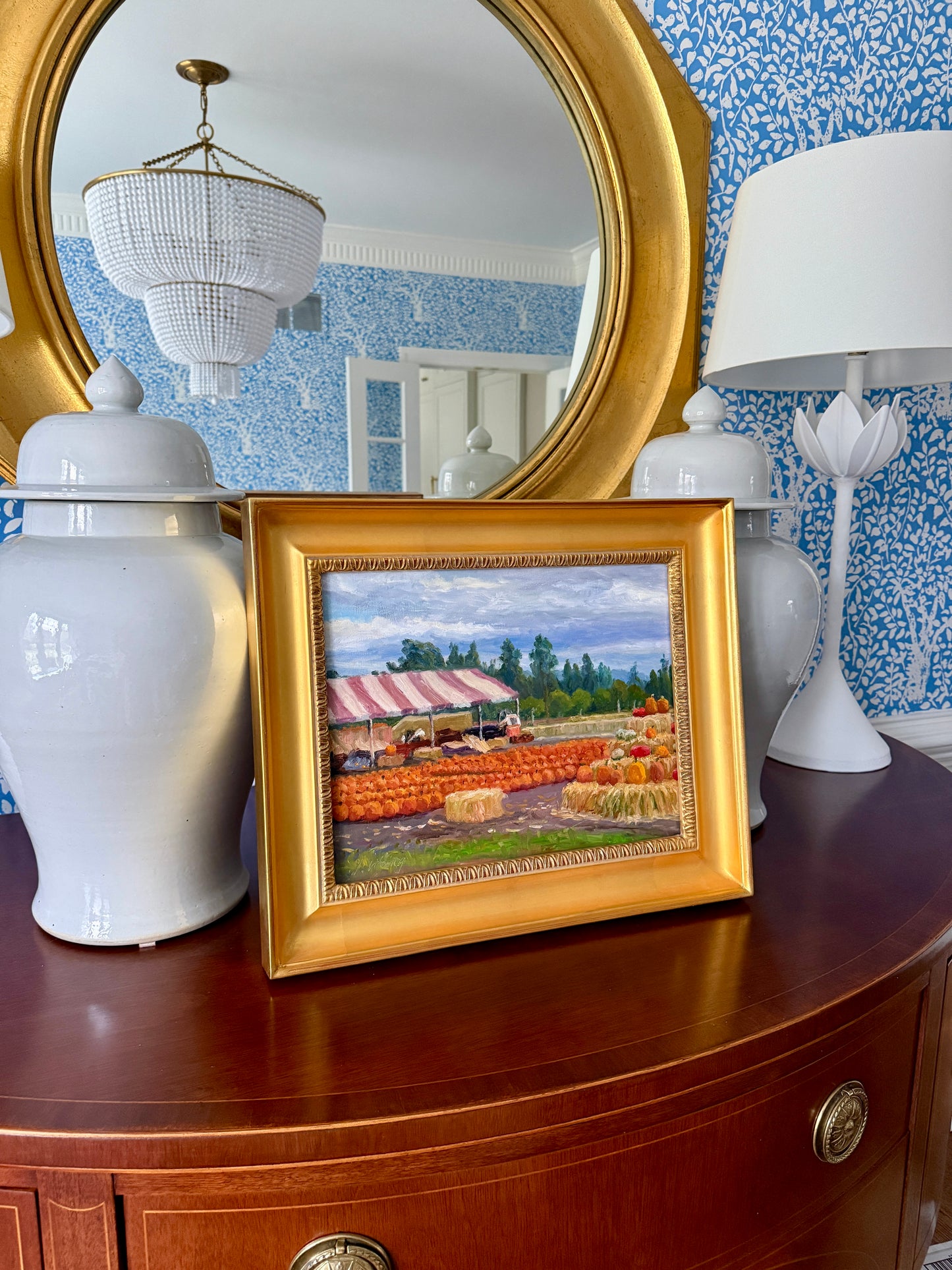 Youqing Wang Pumpkin Patch and Pink Striped Tent Oil Painting Landscape in Gold Frame