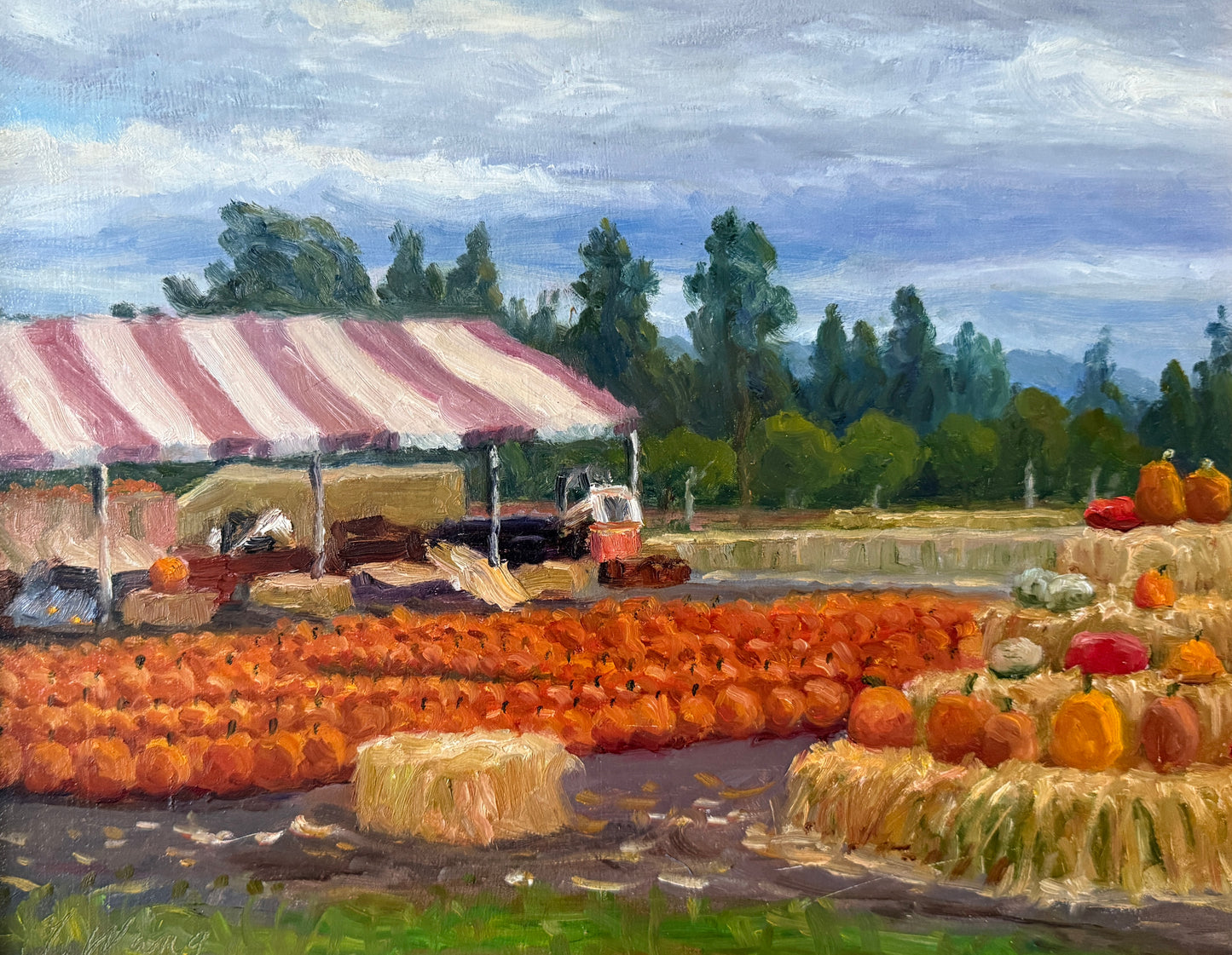 Youqing Wang Pumpkin Patch and Pink Striped Tent Oil Painting Landscape in Gold Frame