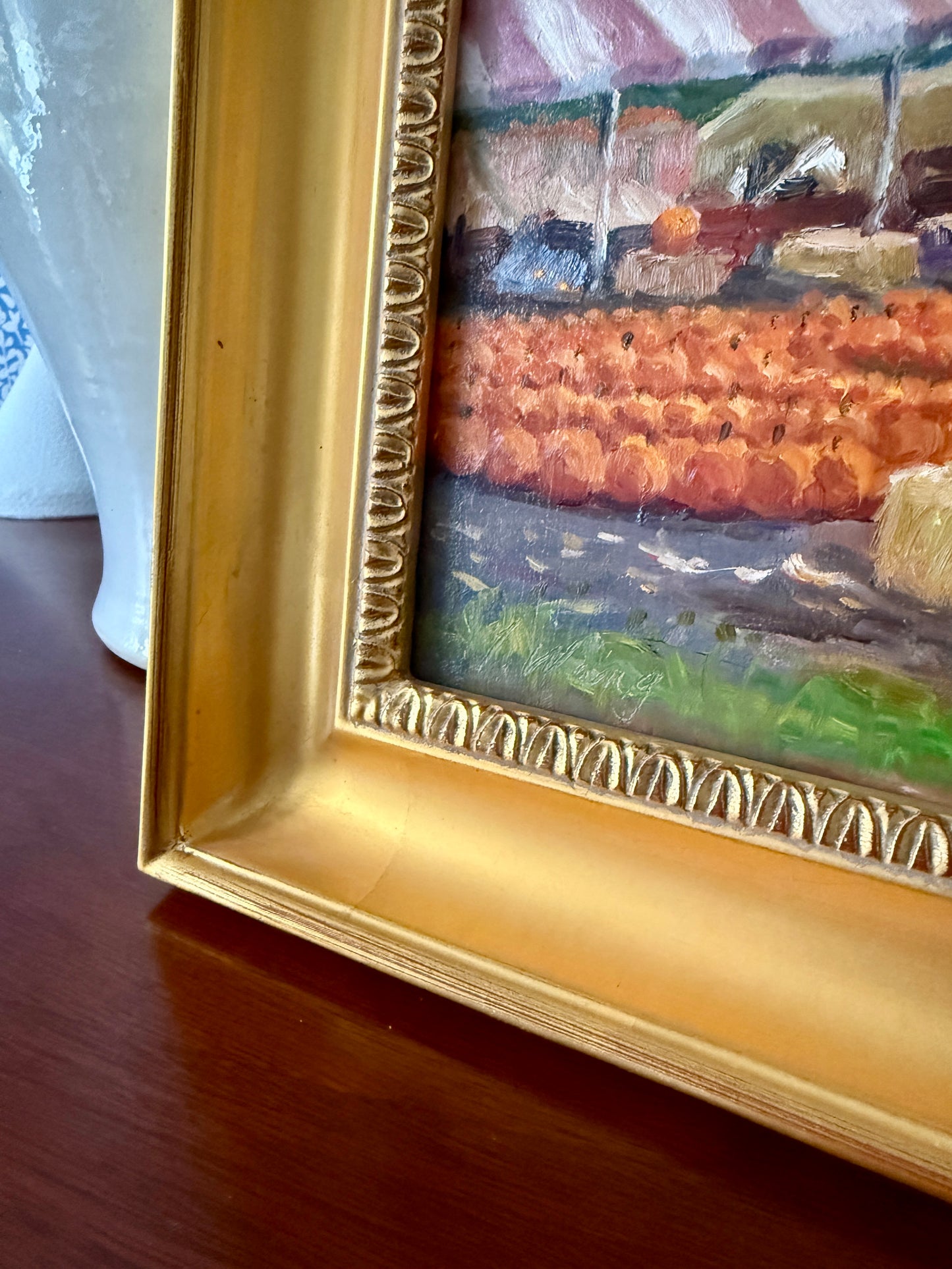 Youqing Wang Pumpkin Patch and Pink Striped Tent Oil Painting Landscape in Gold Frame