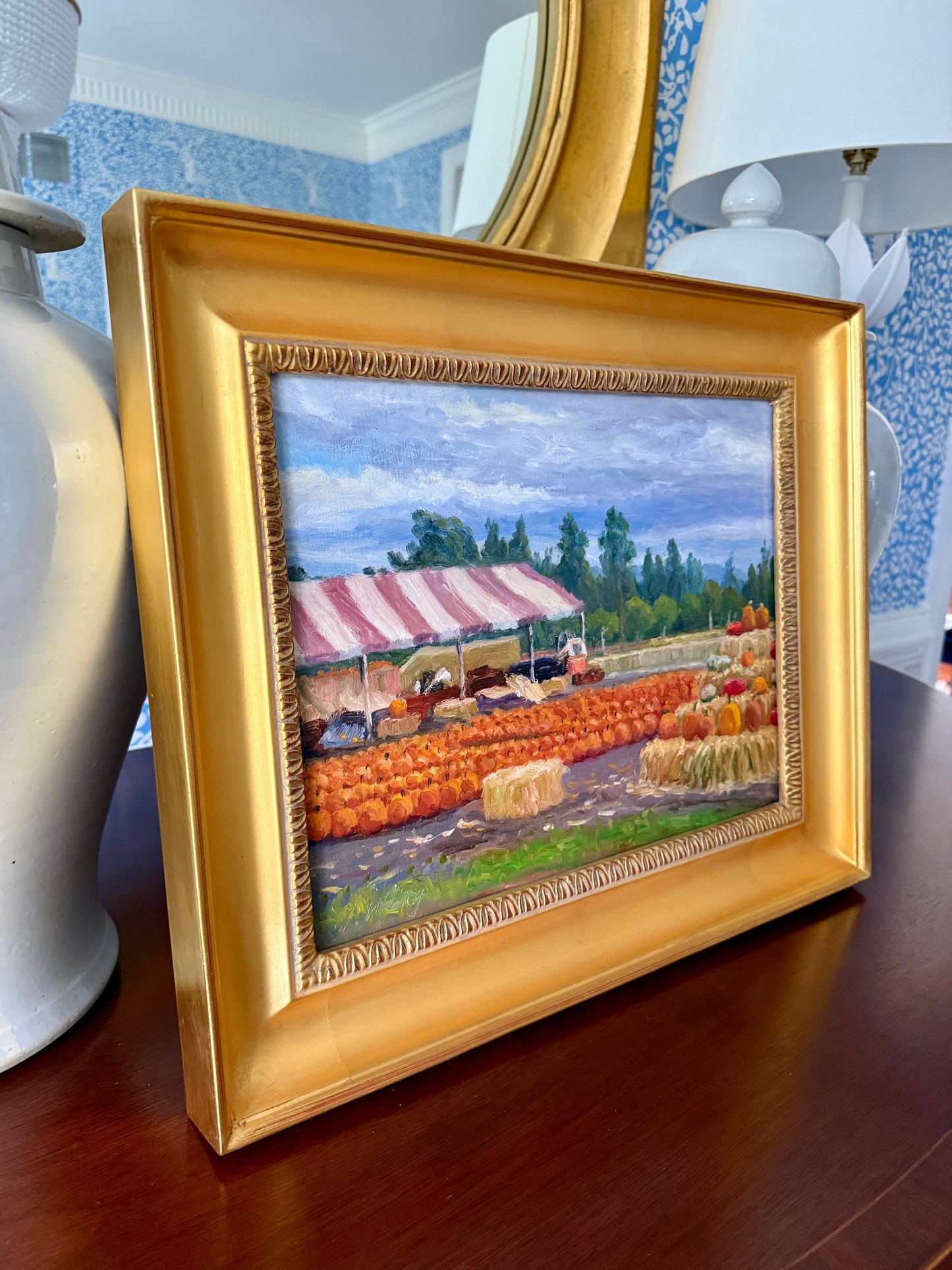 Youqing Wang Pumpkin Patch and Pink Striped Tent Oil Painting Landscape in Gold Frame