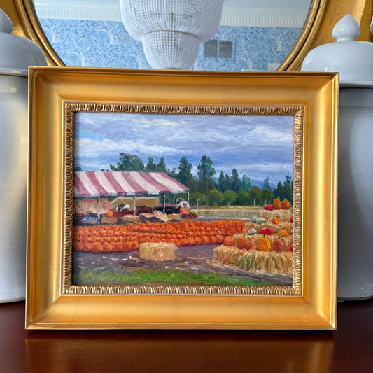 Youqing Wang Pumpkin Patch and Pink Striped Tent Oil Painting Landscape in Gold Frame