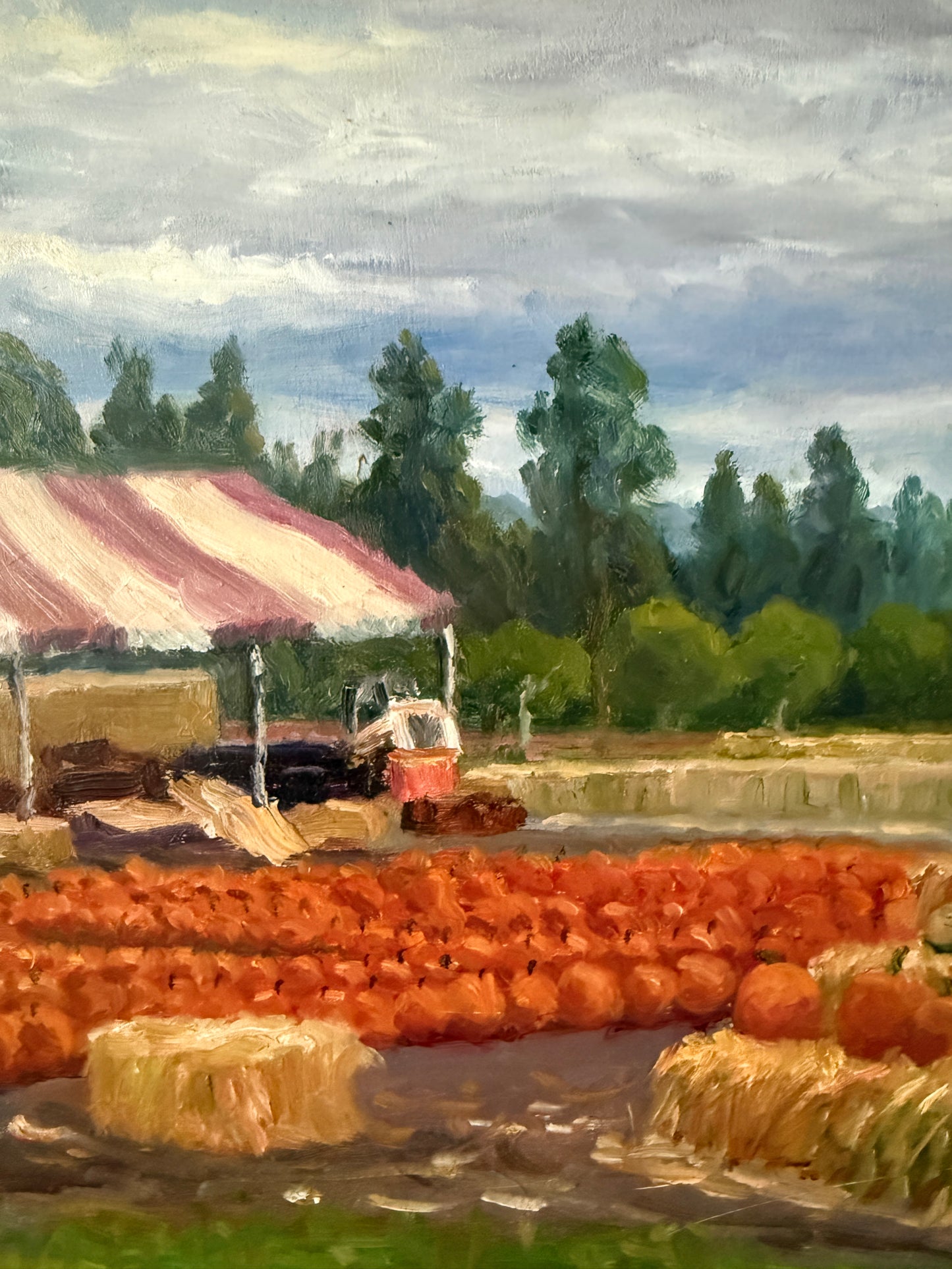 Youqing Wang Pumpkin Patch and Pink Striped Tent Oil Painting Landscape in Gold Frame