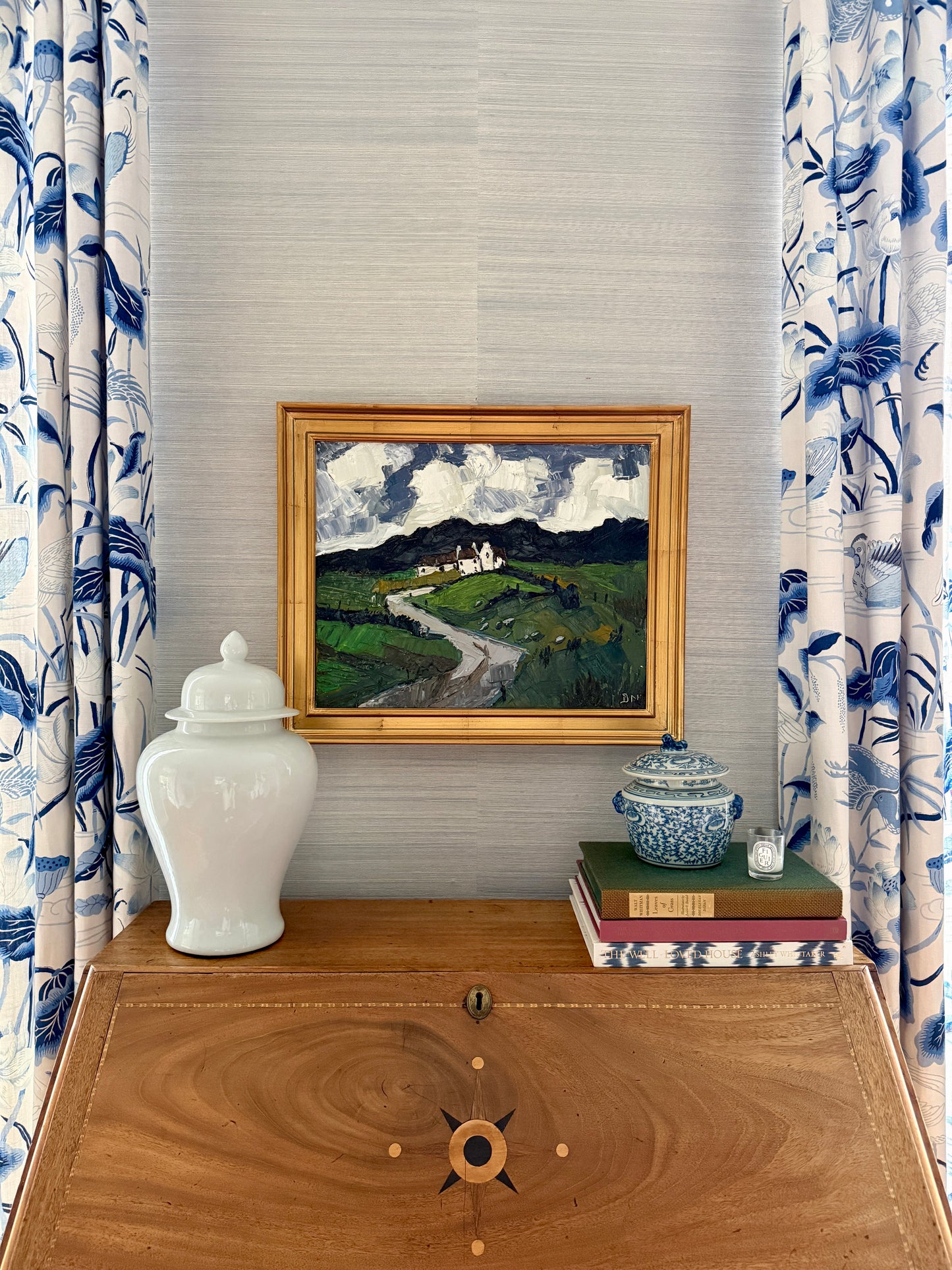 Rolling Hills Landscape with White House Impasto Oil Painting in Gold Frame