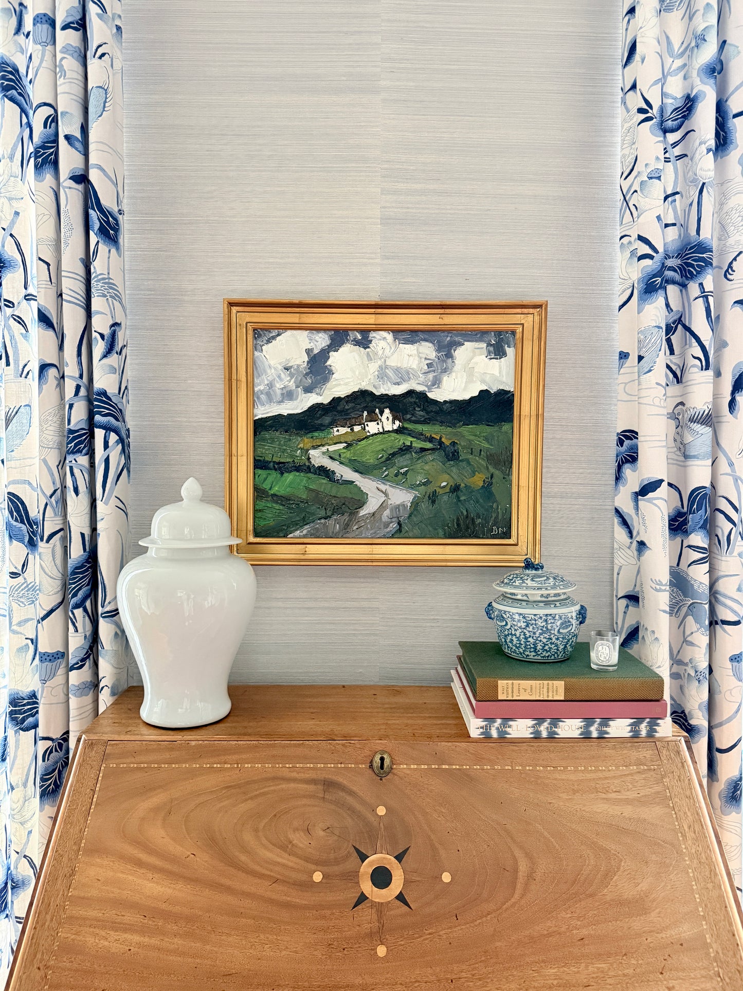 Rolling Hills Landscape with White House Impasto Oil Painting in Gold Frame