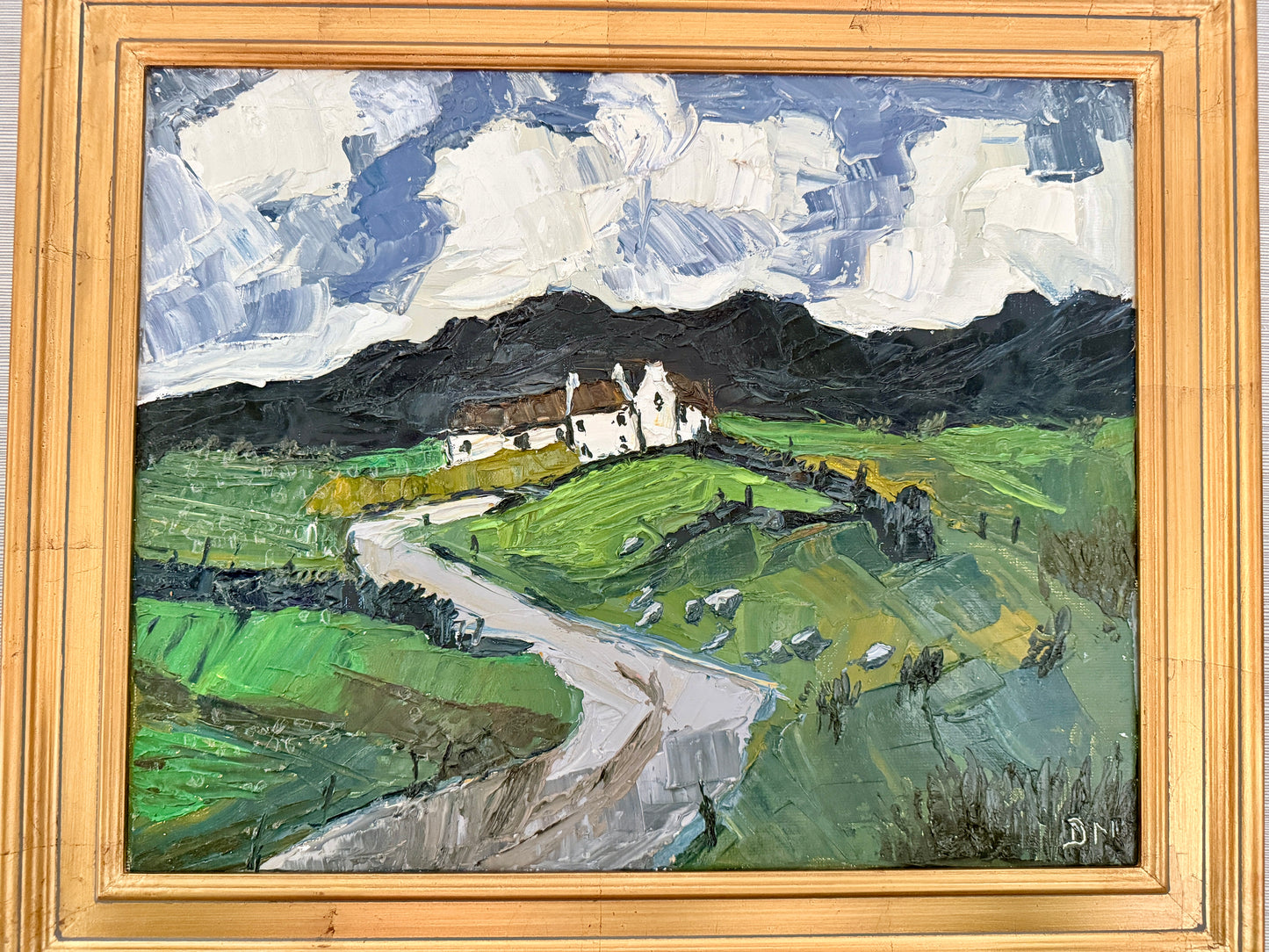 Rolling Hills Landscape with White House Impasto Oil Painting in Gold Frame