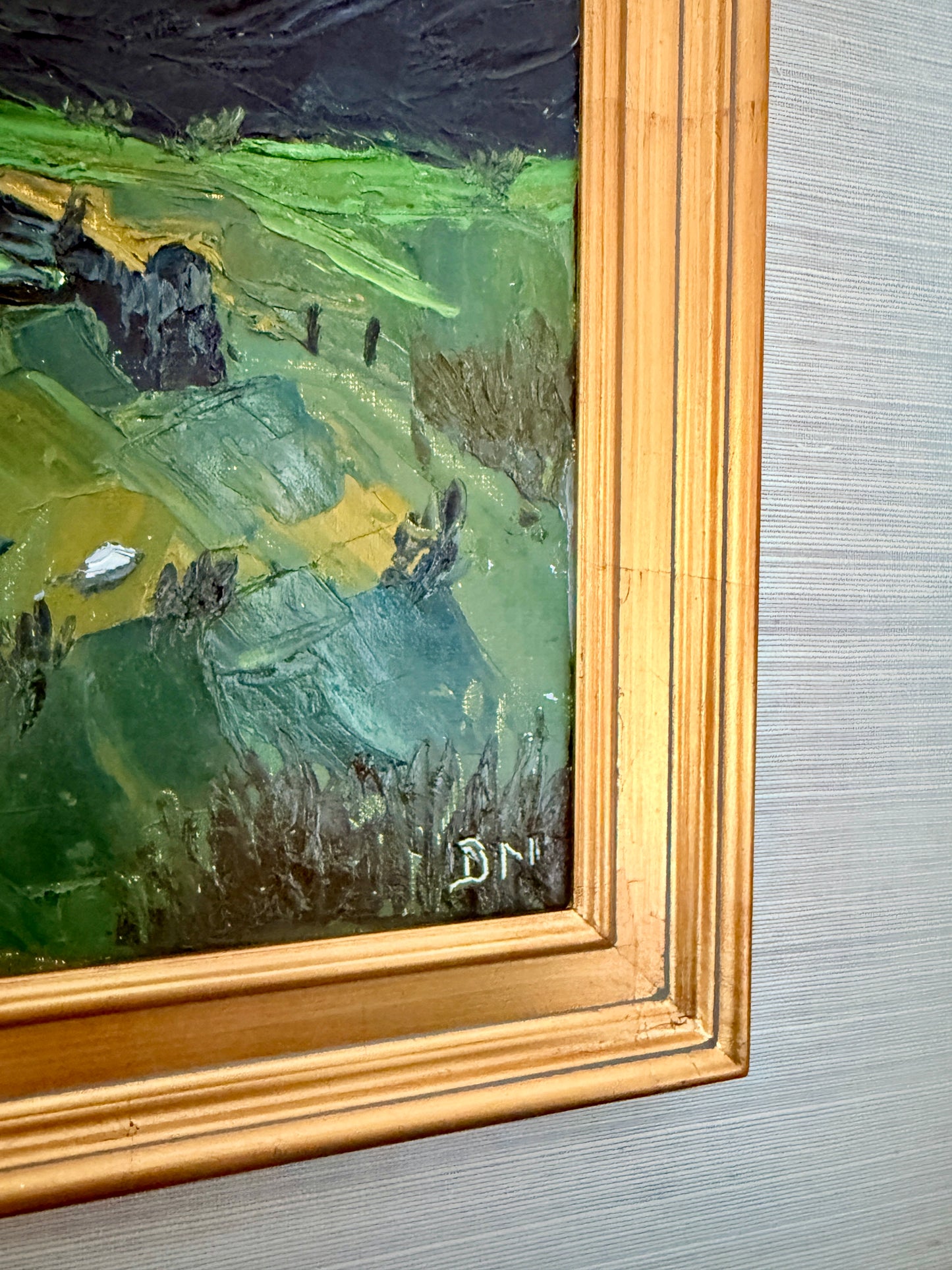 Rolling Hills Landscape with White House Impasto Oil Painting in Gold Frame