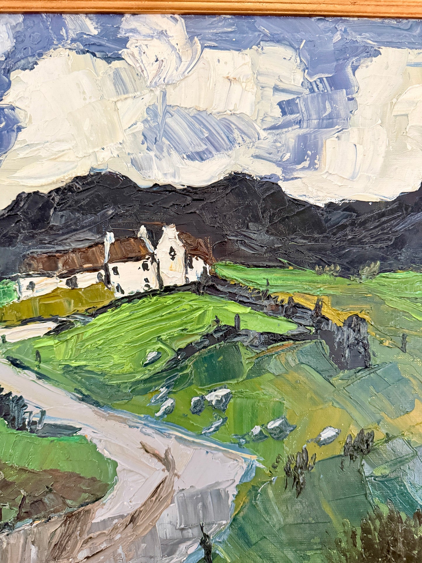 Rolling Hills Landscape with White House Impasto Oil Painting in Gold Frame