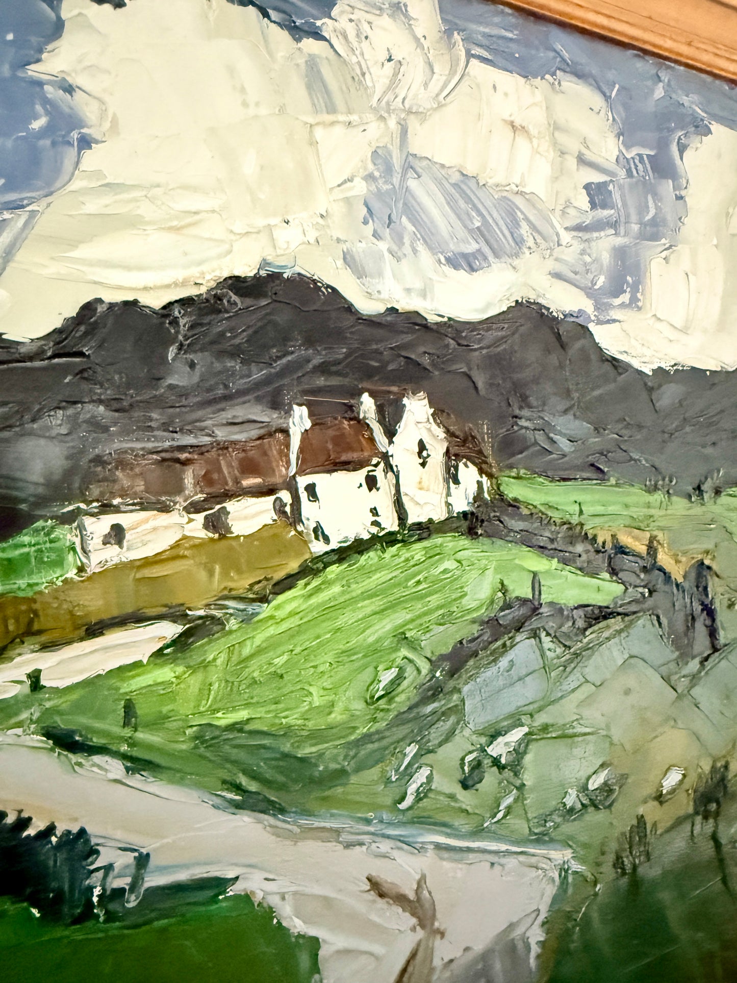 Rolling Hills Landscape with White House Impasto Oil Painting in Gold Frame