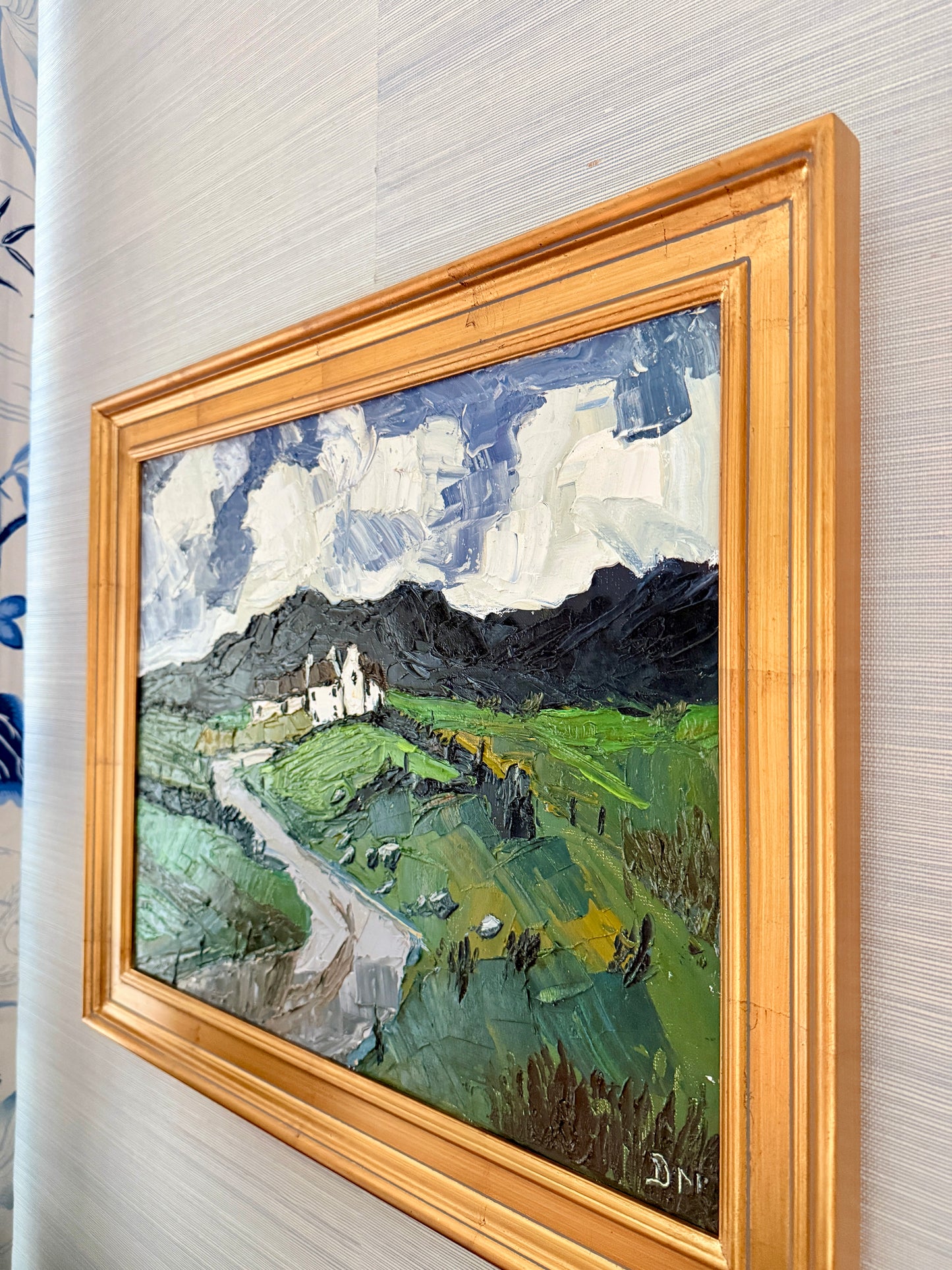 Rolling Hills Landscape with White House Impasto Oil Painting in Gold Frame