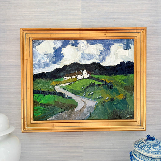 Rolling Hills Landscape with White House Impasto Oil Painting in Gold Frame