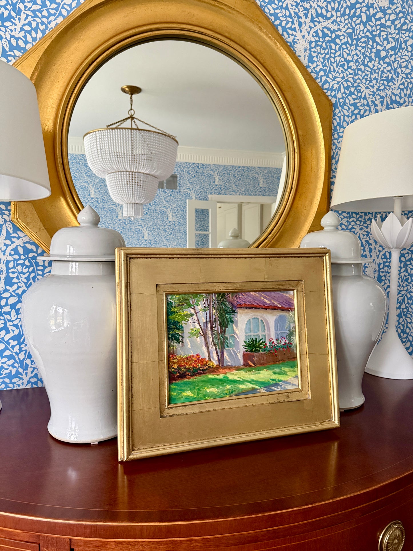 Youqing Wang Sun Warmed Backayrd Garden Palm Tree Landscape Oil Painting in Gold Frame