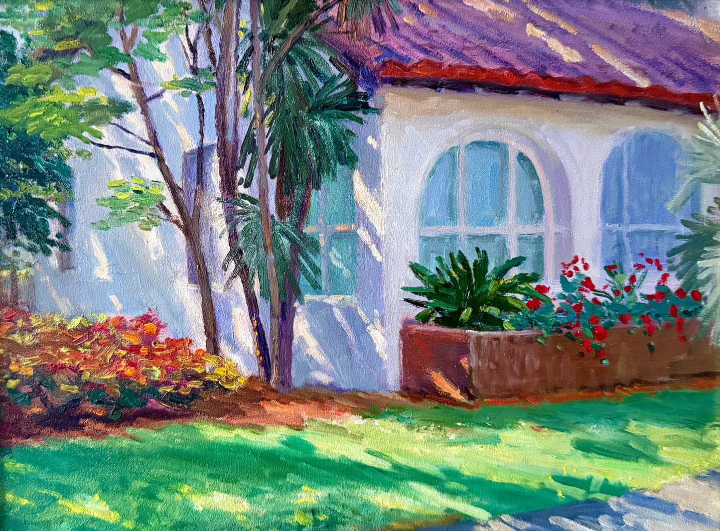 Youqing Wang Sun Warmed Backayrd Garden Palm Tree Landscape Oil Painting in Gold Frame