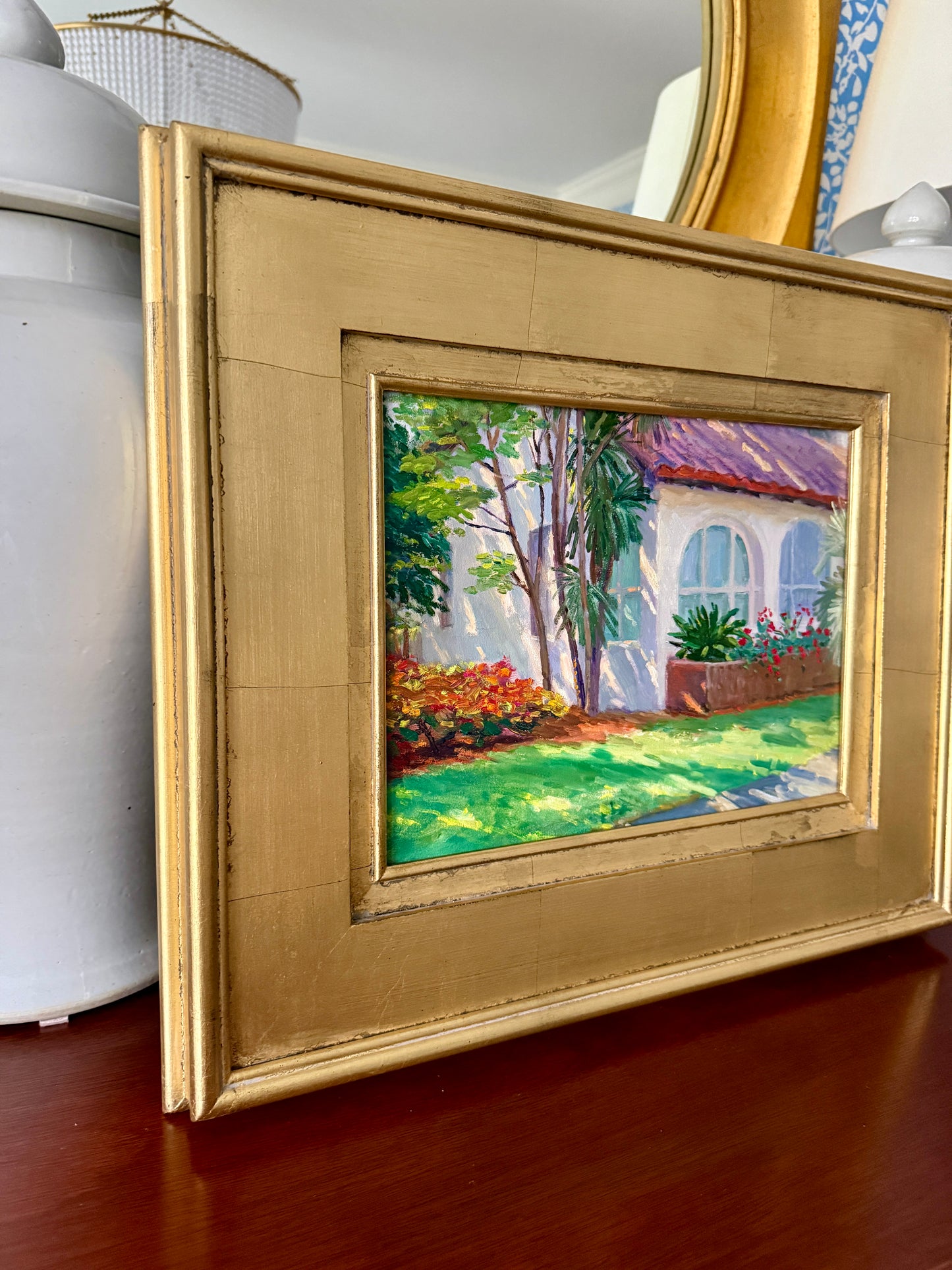 Youqing Wang Sun Warmed Backayrd Garden Palm Tree Landscape Oil Painting in Gold Frame