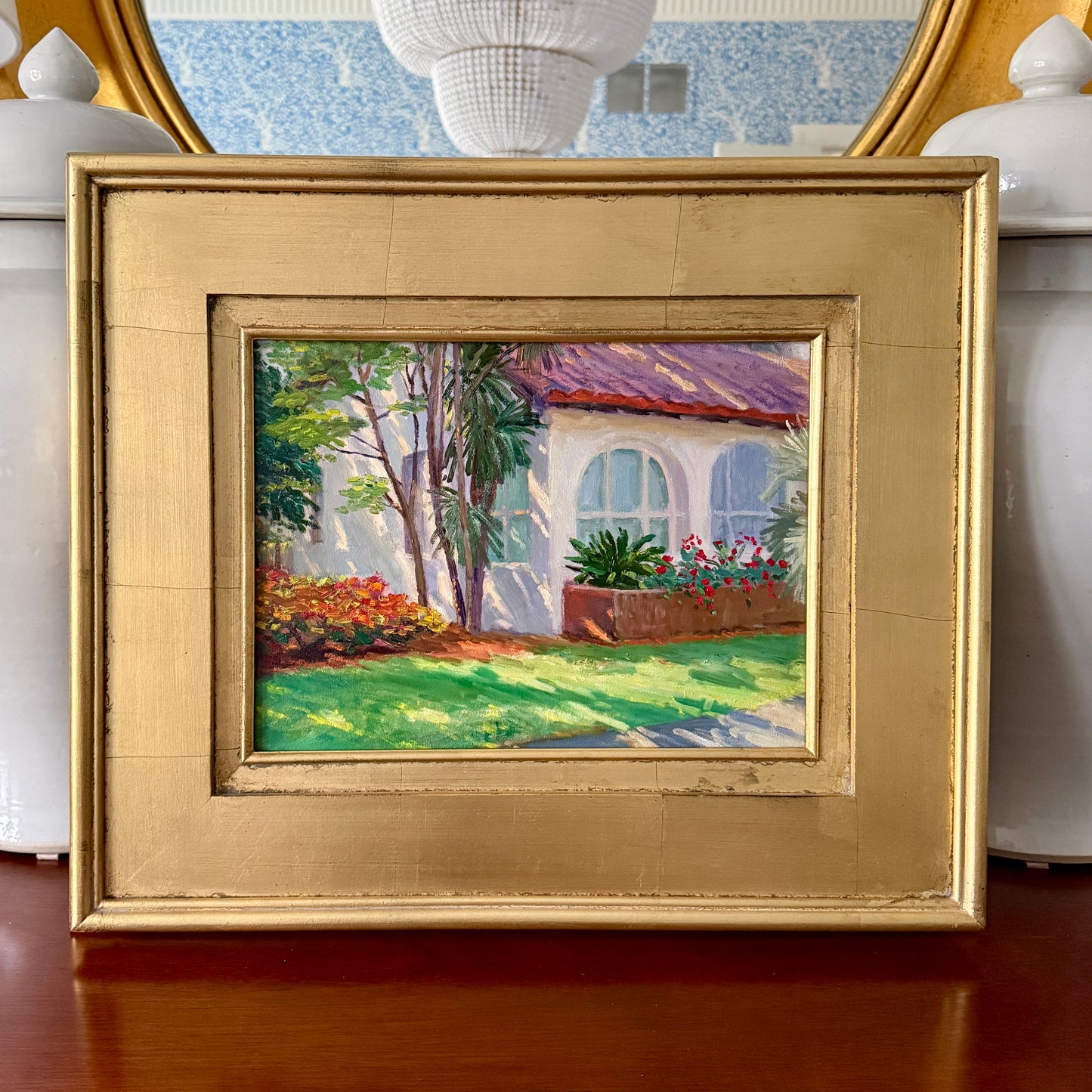 Youqing Wang Sun Warmed Backayrd Garden Palm Tree Landscape Oil Painting in Gold Frame