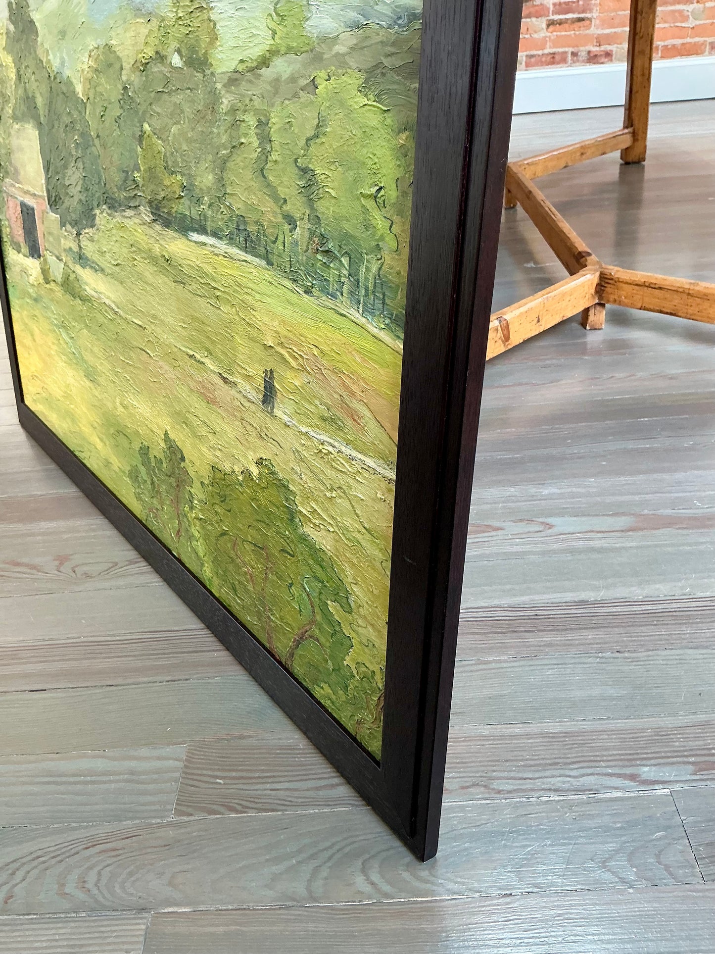 Vintage Rolling Country Hills Landscape Oil Painting in Black Wood Frame