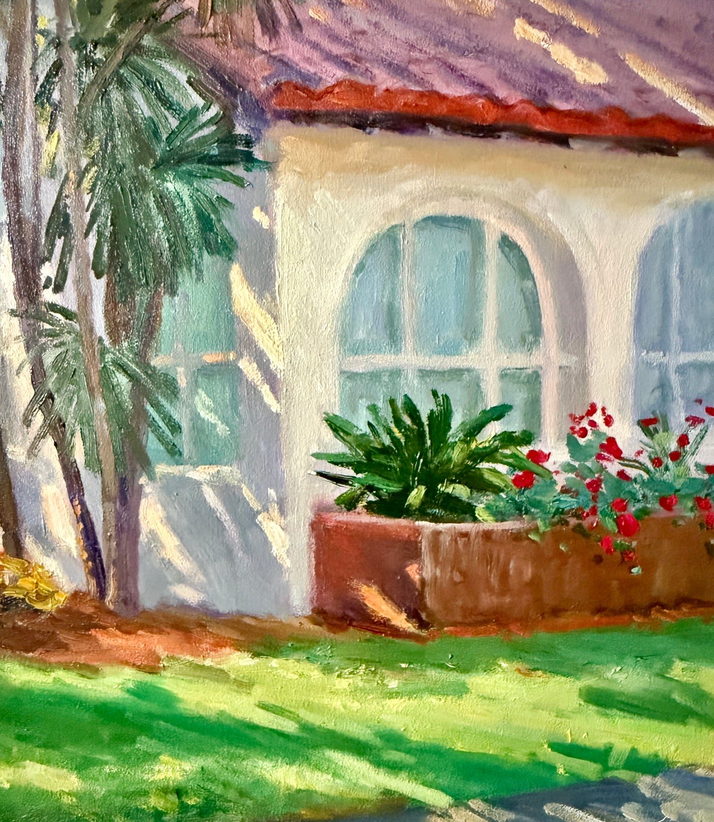 Youqing Wang Sun Warmed Backayrd Garden Palm Tree Landscape Oil Painting in Gold Frame