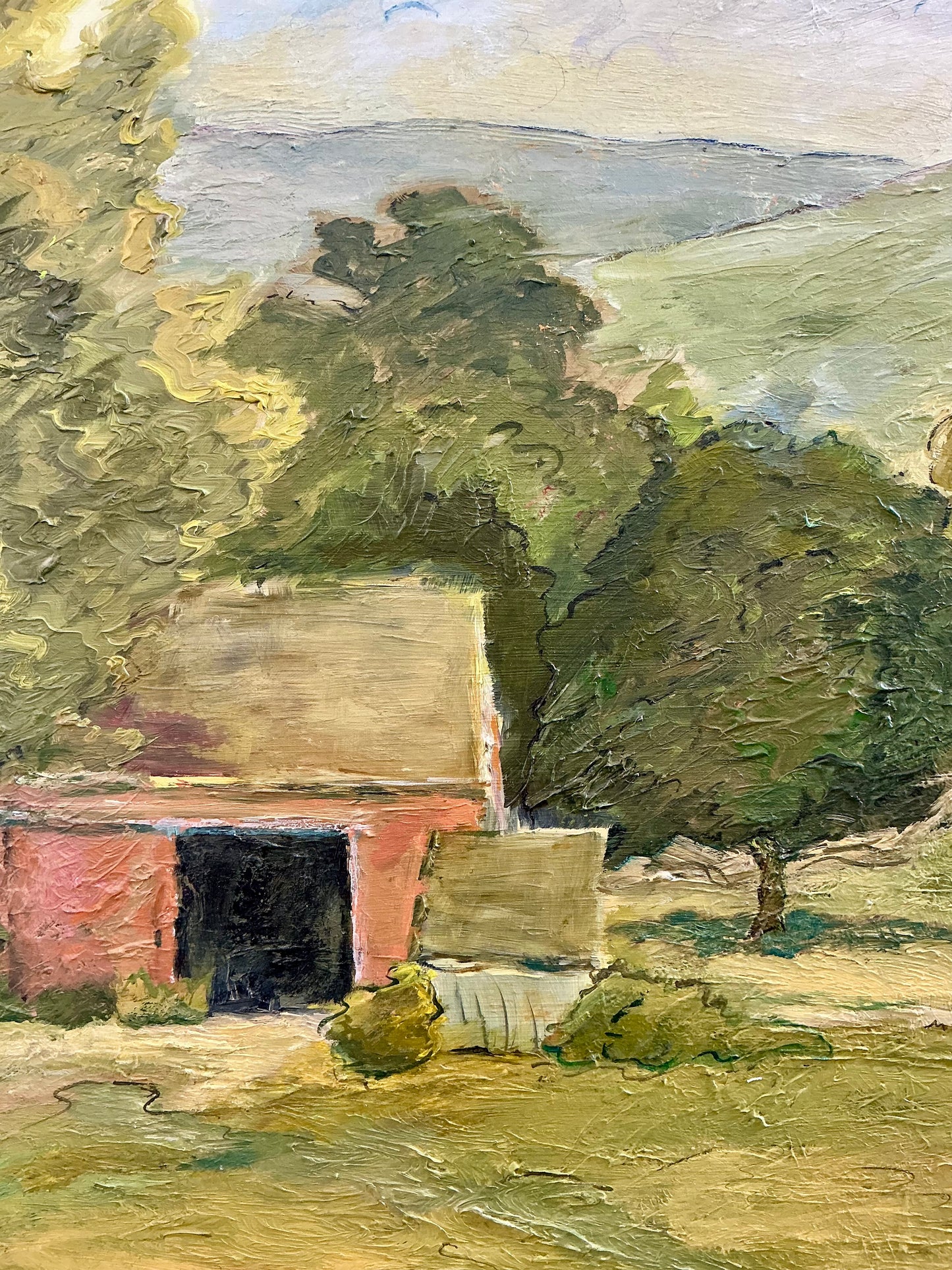 Vintage Rolling Country Hills Landscape Oil Painting in Black Wood Frame
