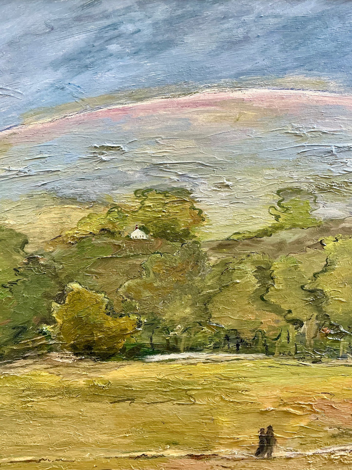 Vintage Rolling Country Hills Landscape Oil Painting in Black Wood Frame