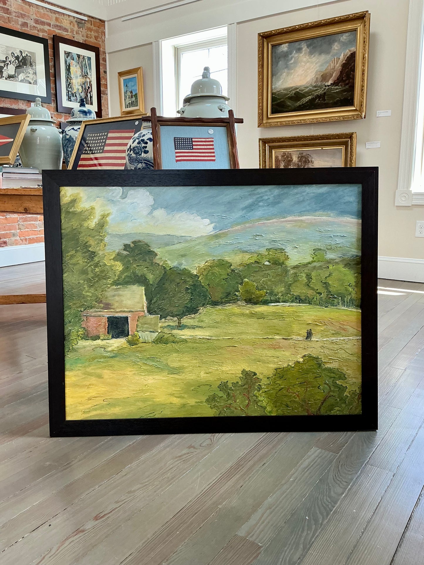 Vintage Rolling Country Hills Landscape Oil Painting in Black Wood Frame
