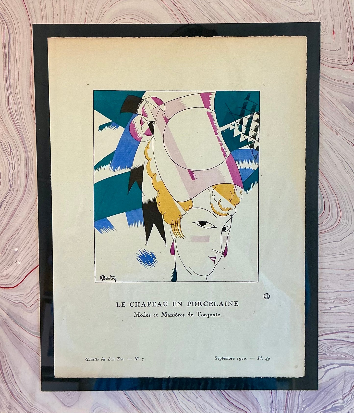 1920 Le Chapeau en Porcelaine (The Porcelain Hat) Pochoir Fashion Portrait Illustration in Gold Frame