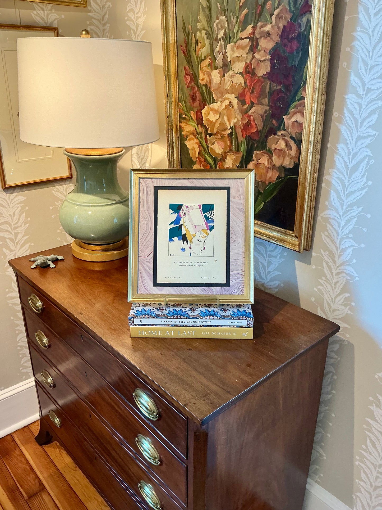 1920 Le Chapeau en Porcelaine (The Porcelain Hat) Pochoir Fashion Portrait Illustration in Gold Frame