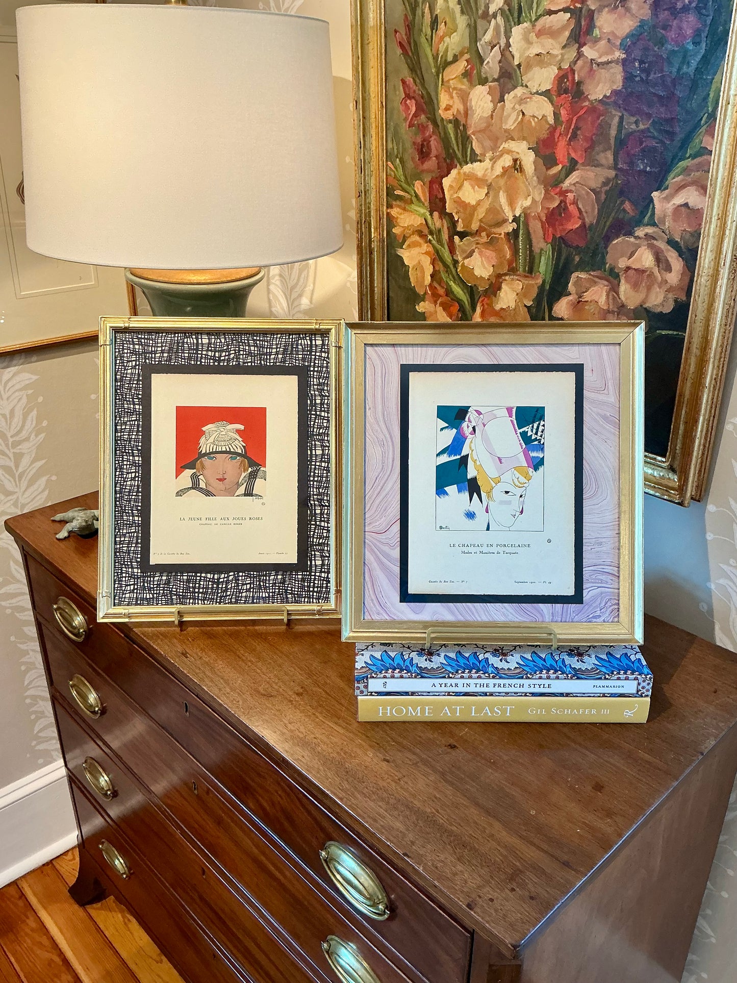 1921 La Jeune Fille Aux Joues Roses French Pochoir Art Deco Fashion Portrait in Gold Frame