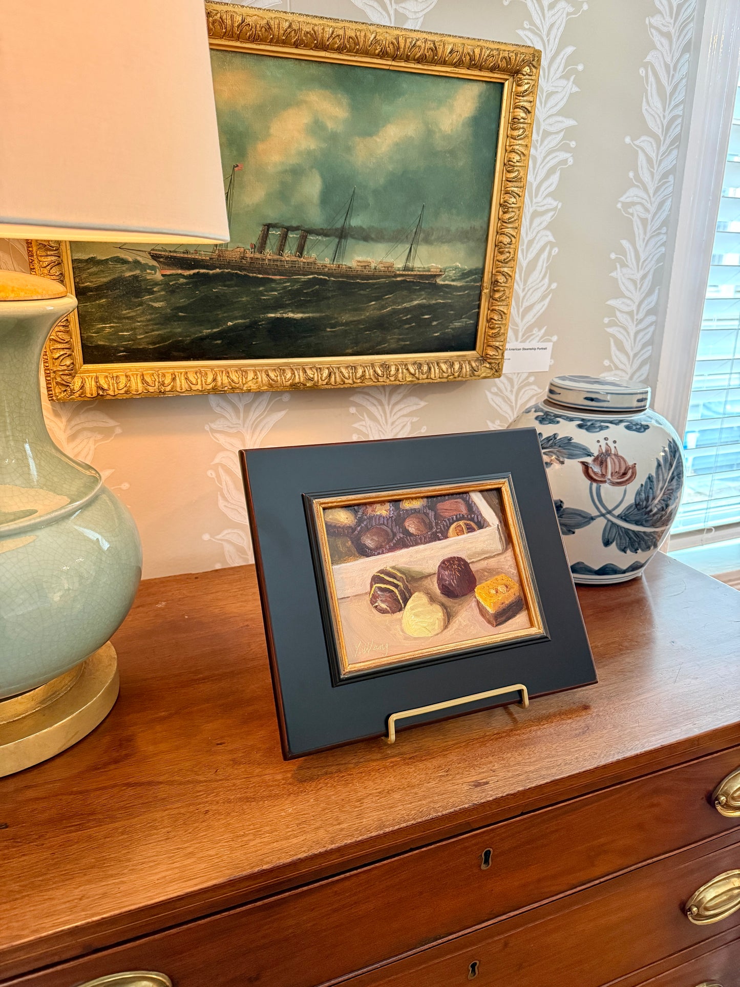 Youqing Wang Box of Chocolates Still Life Oil Painting in Black and Gold Frame