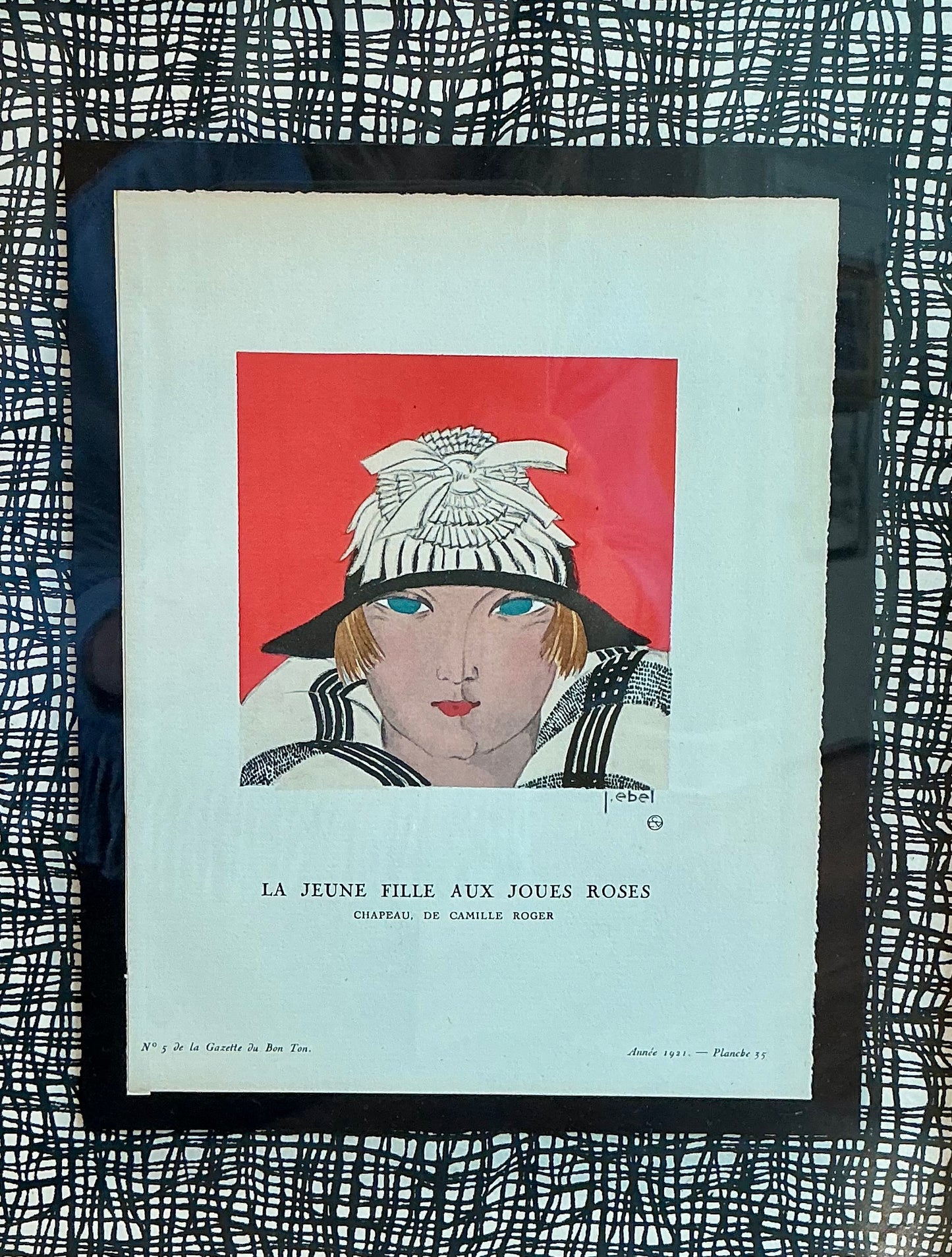 1921 La Jeune Fille Aux Joues Roses French Pochoir Art Deco Fashion Portrait in Gold Frame