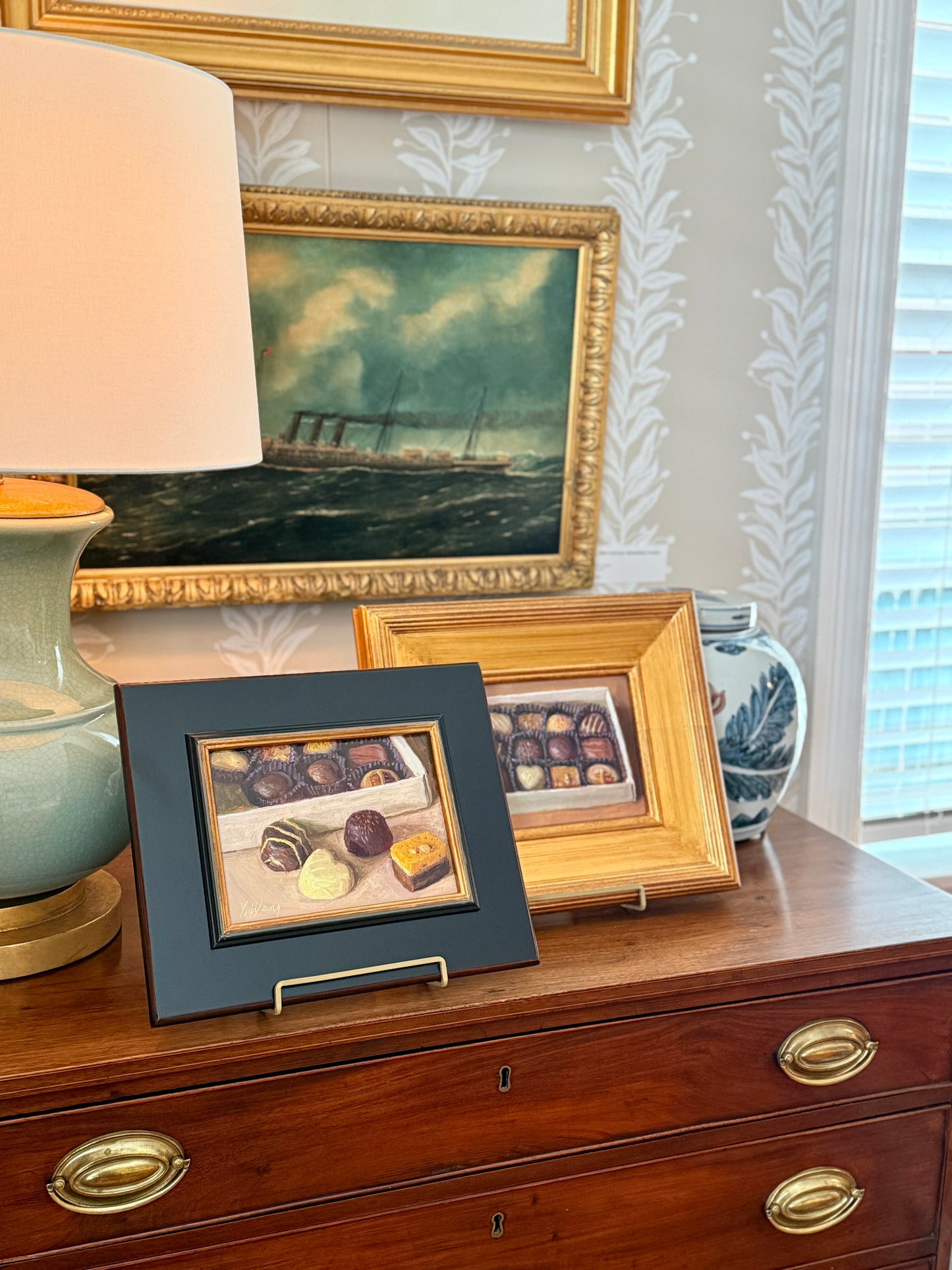 Youqing Wang Box of Chocolates Still Life Oil Painting in Black and Gold Frame