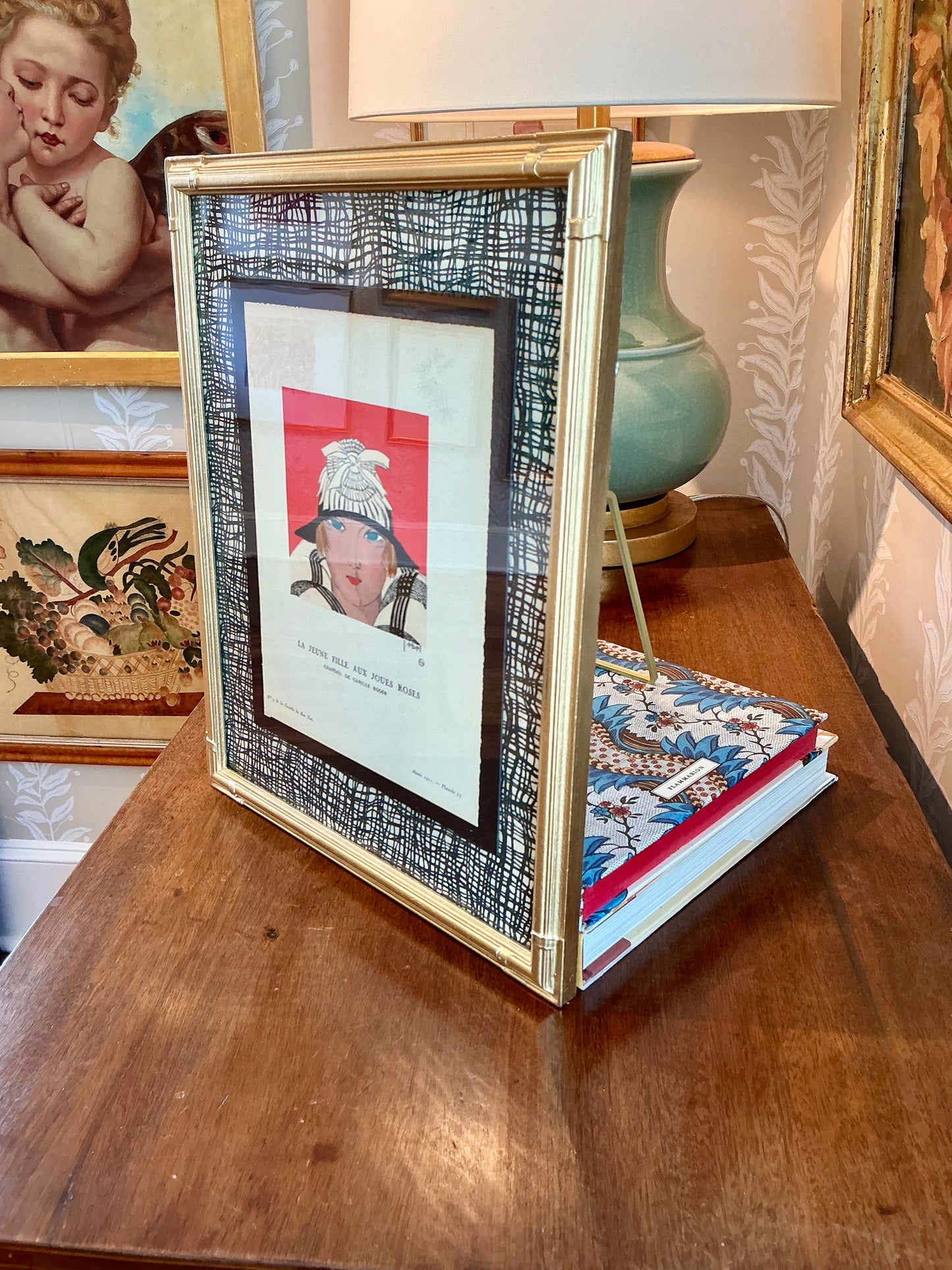1921 La Jeune Fille Aux Joues Roses French Pochoir Art Deco Fashion Portrait in Gold Frame