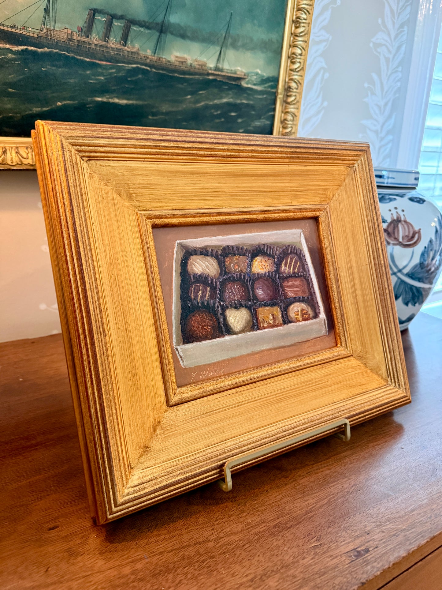 Youqing Wang Box of Chocolates Still Life Oil Painting in Gold Frame