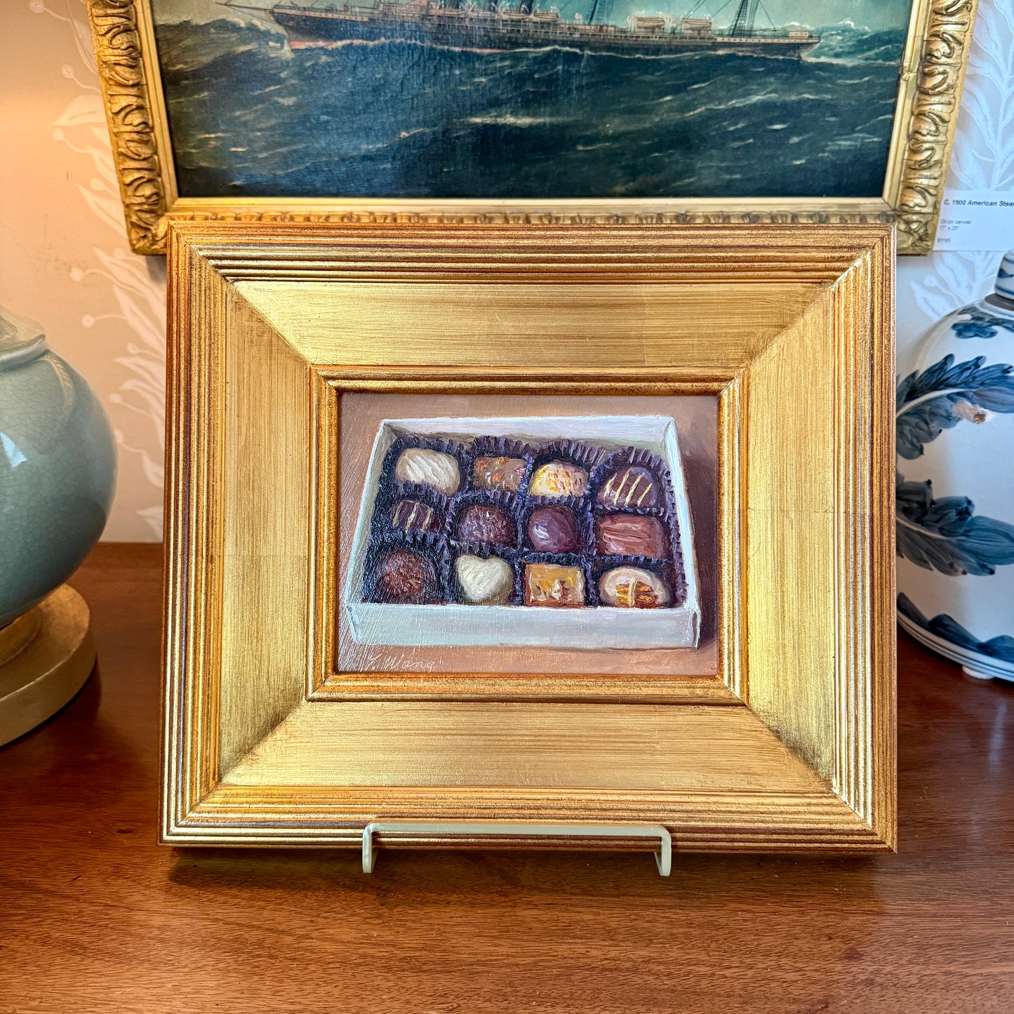 Youqing Wang Box of Chocolates Still Life Oil Painting in Gold Frame