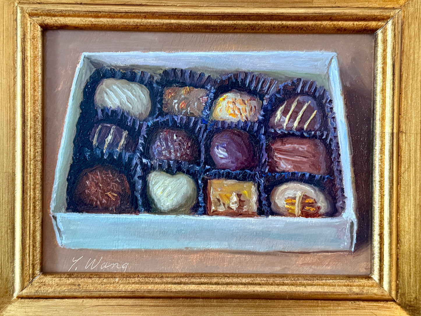 Youqing Wang Box of Chocolates Still Life Oil Painting in Gold Frame